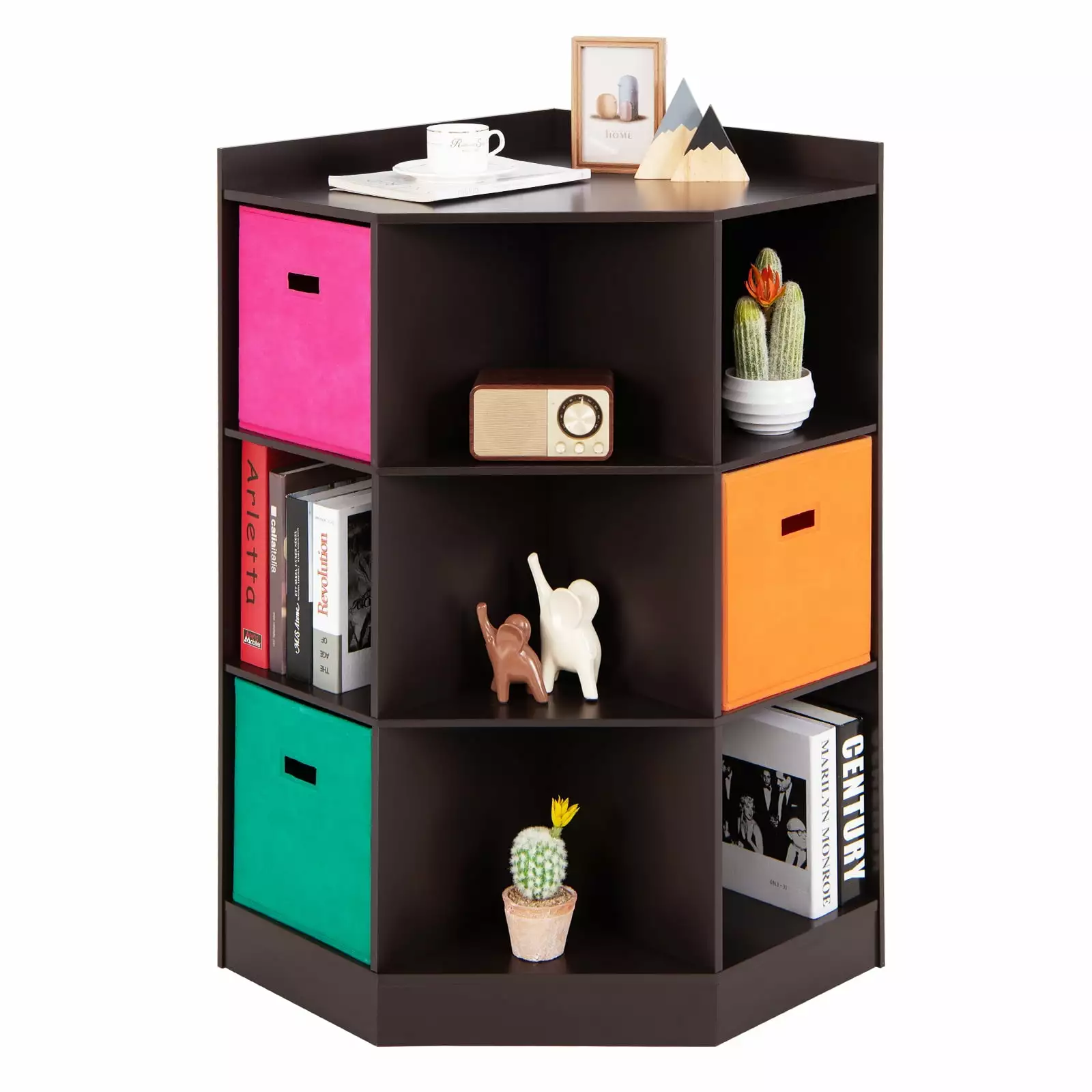 Infans 3-Tier Kids Bookcase Wooden Corner Cabinet Toy Storage Organizer Baskets
