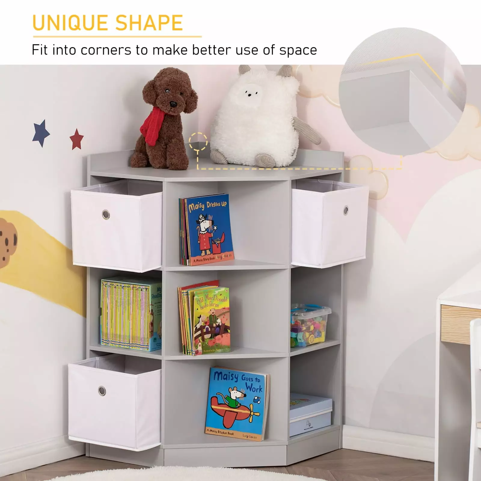 Kids Bookcase Corner Cabinet 6 Cubes and 3 Shelves Cubby Toy Storage Organizer Bookshelf Unit Playroom JAMPOOCA