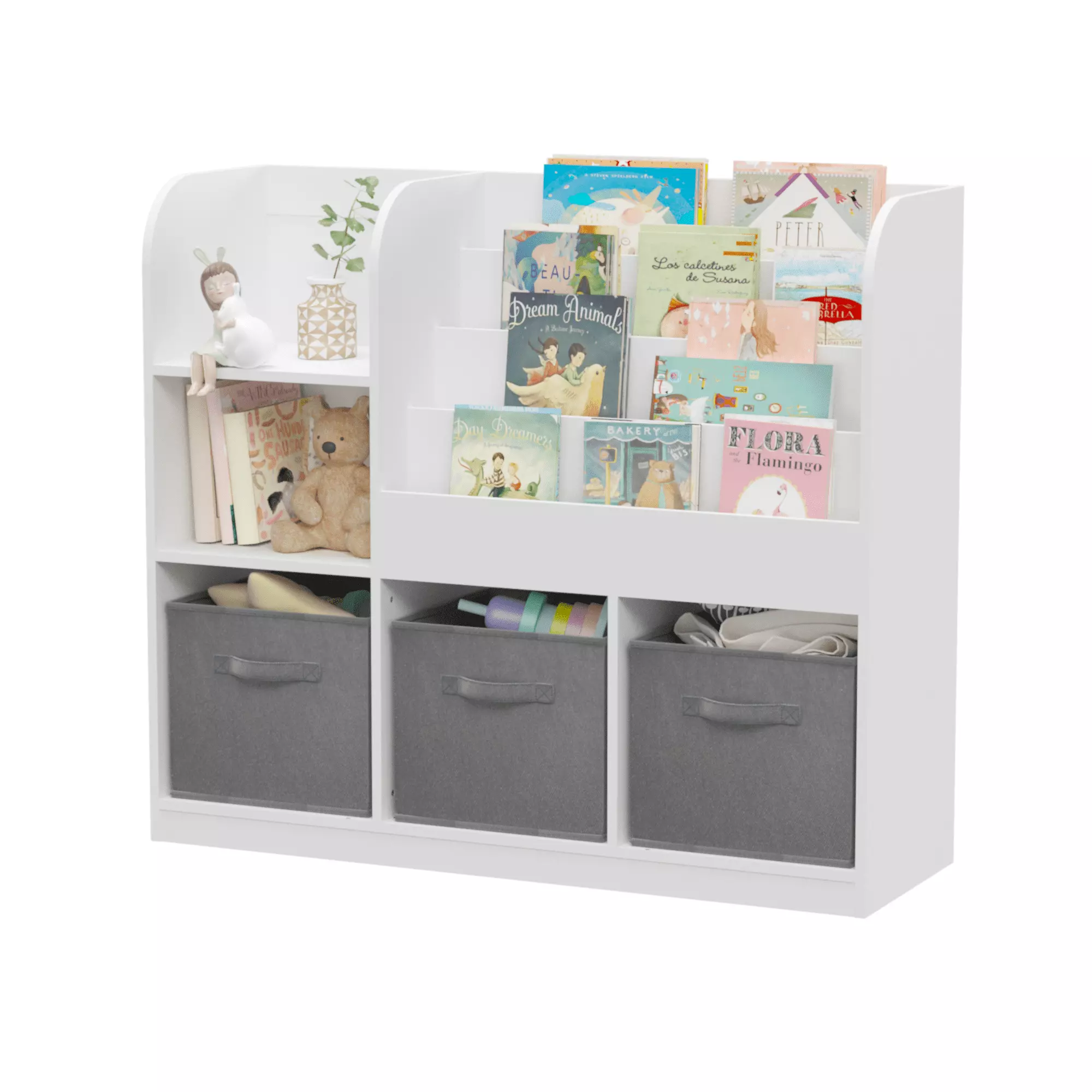 Marcree Kids Bookcase and Bookshelf 3 Collapsible Fabric Drawers Toy Storage Organizer Bedroom Playroom Hallway White Gray