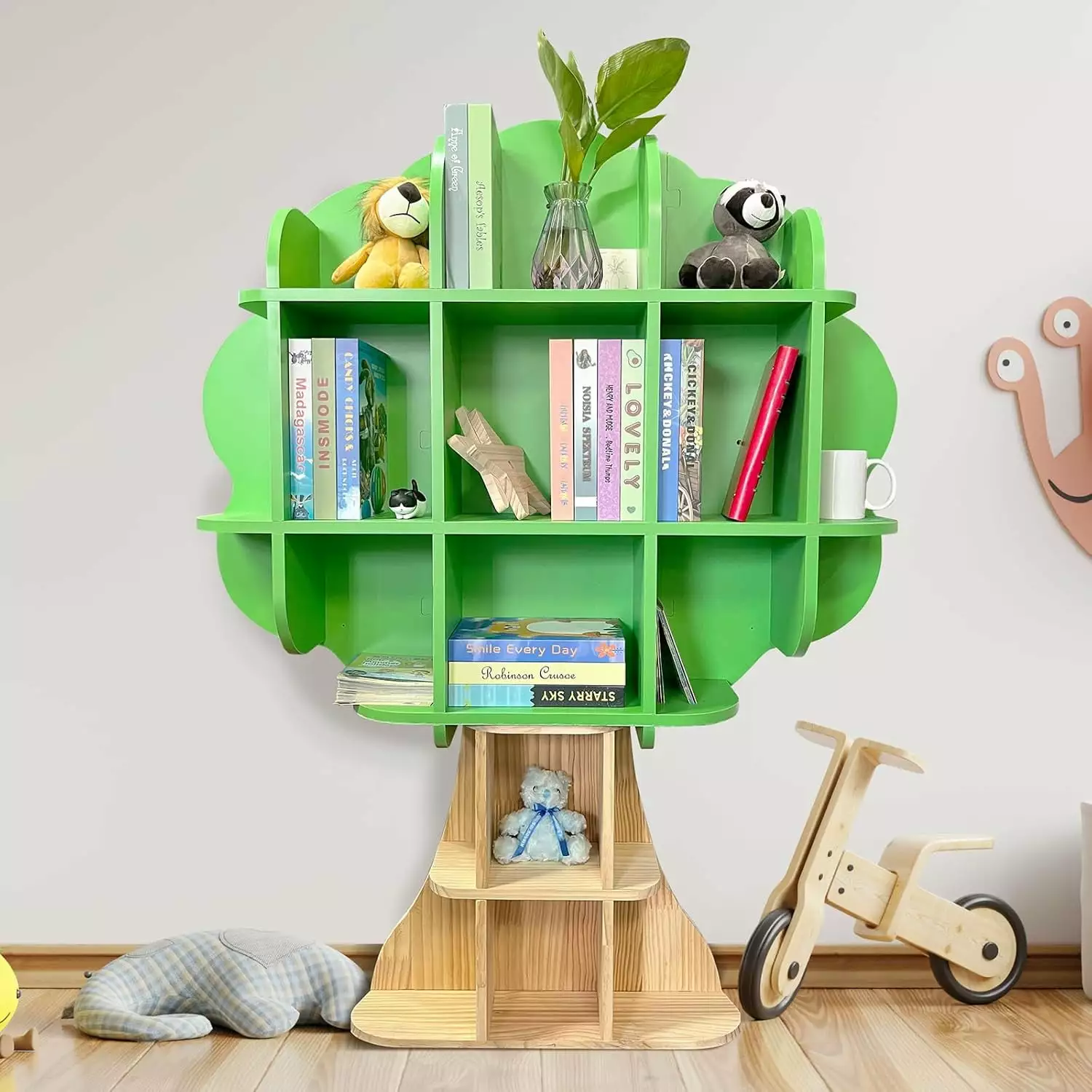 Kids Bookshelf 5 Tier Green Bookcase Children and Toddlers Wooden Bookshelf Classroom Playroom OLizee