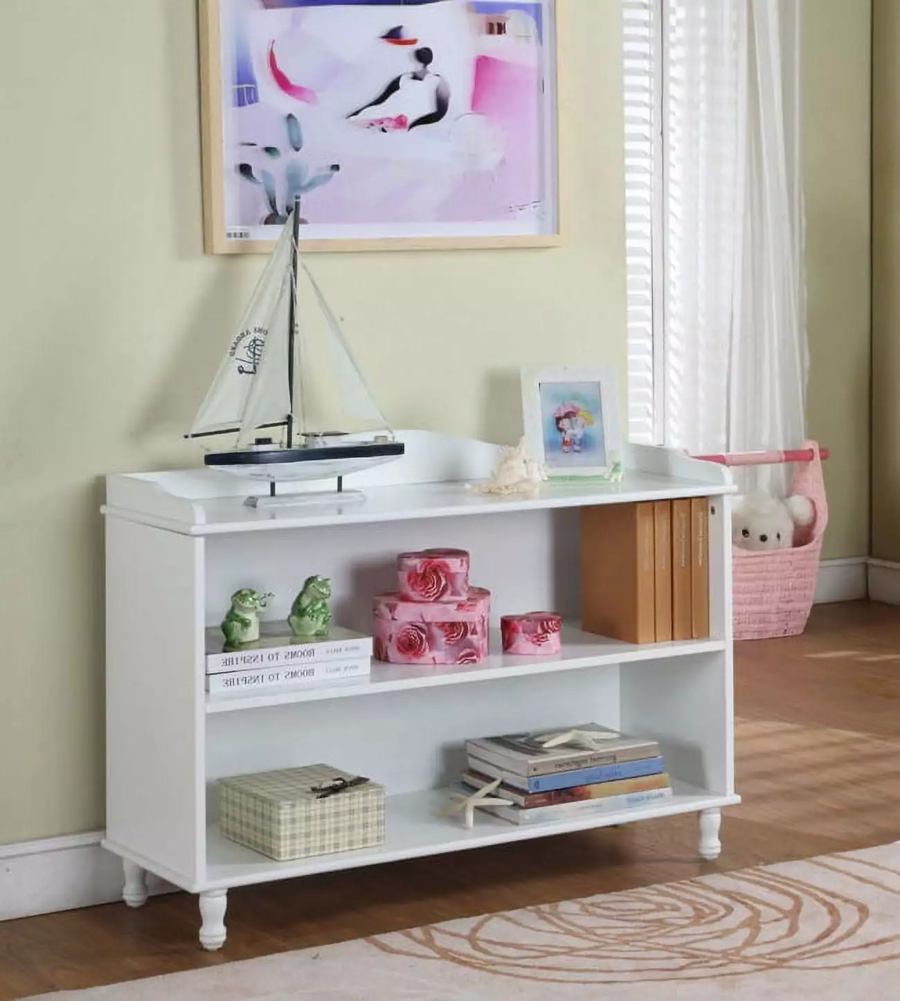Marie White Wood Kids 3 Tier Bookcase Display Storage Cabinet Shelves Pilaster Designs