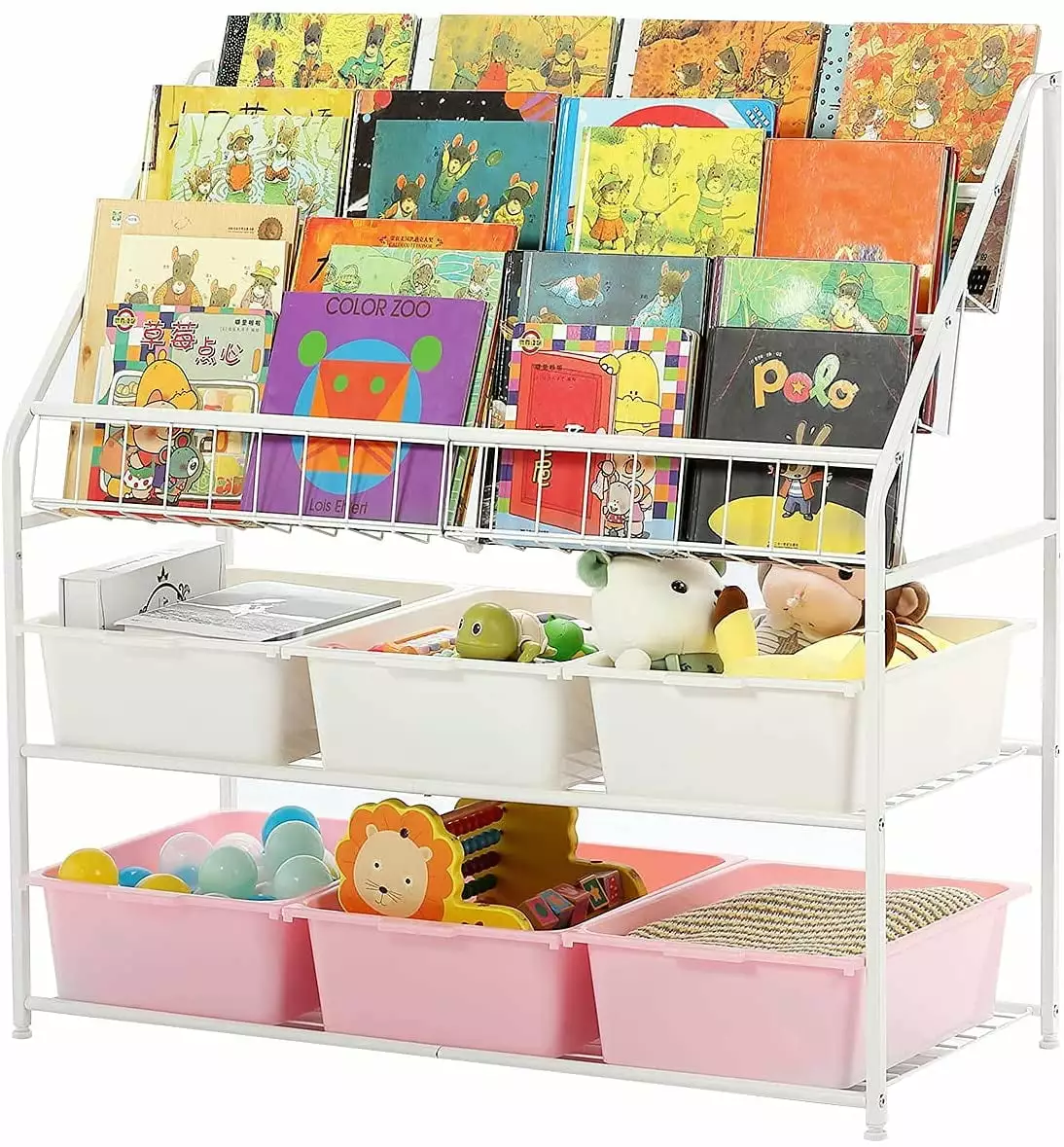 Large Kids Bookshelf 6 Storage Box 5 Tier Metal Kids Bookcases Children's Toy Storage Rack 6 Storage Drawer Books Toys Sto...