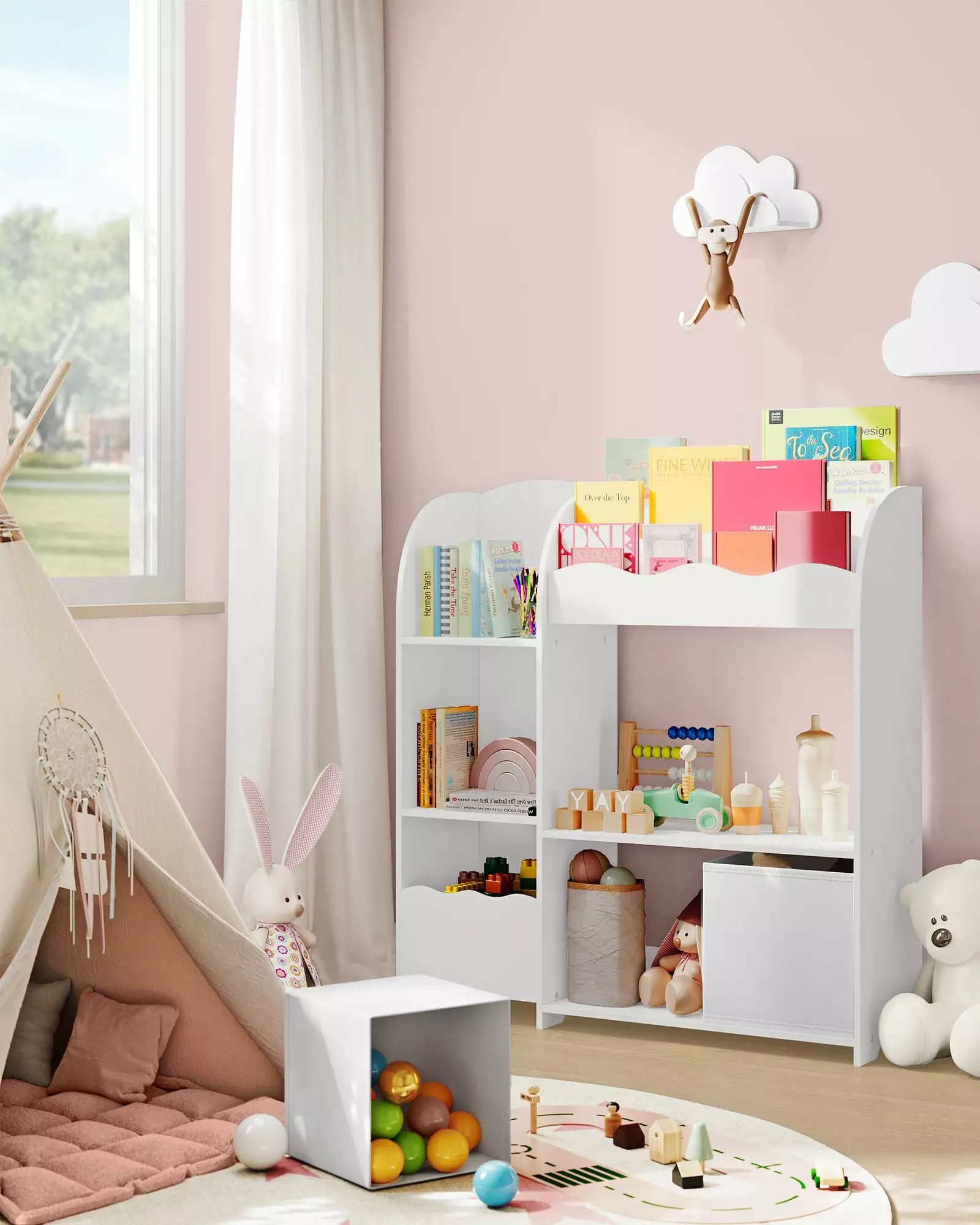 SONGMICS Kids Bookshelf and Toy Storage Organizer 2 Storage Boxes Playroom and Children's Room