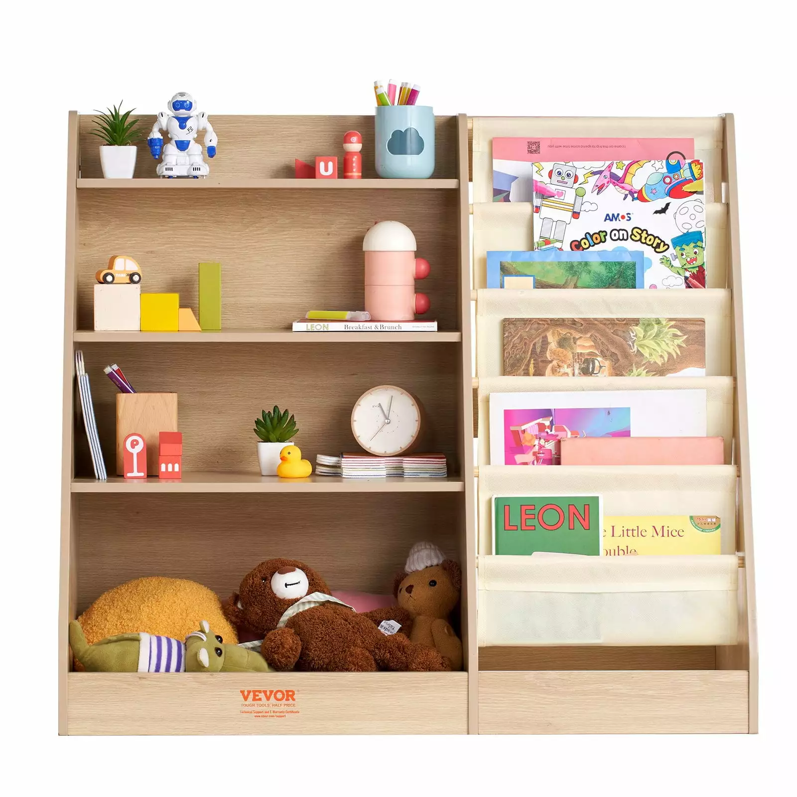 VEVOR Kids Wooden Bookshelf 4-Tier Sling Bookcase Six-Layer Book & Toy Organizer Nursery Playroom Kindergarten