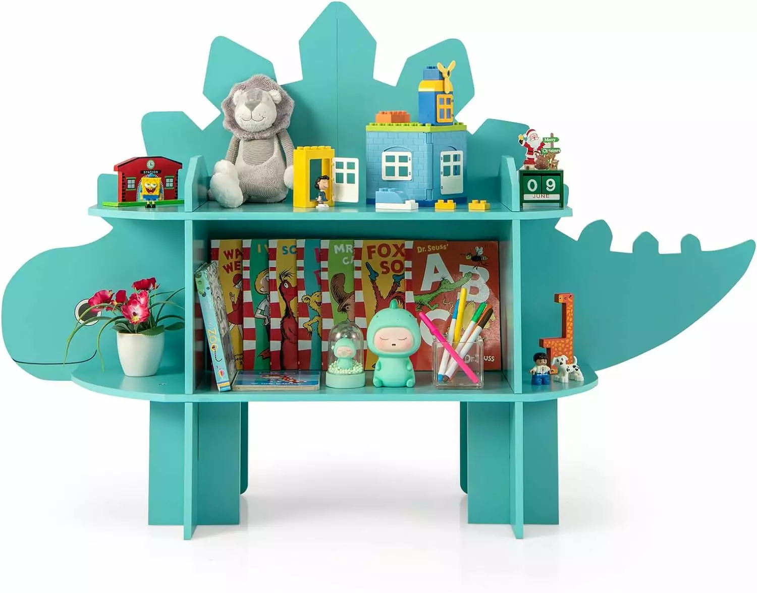 ZHIBING Dinosaur Kids Bookshelf 2-Tier Toddler Montessori Shelf Book Rack Toy and Book Storage Wooden Children's Bookcase