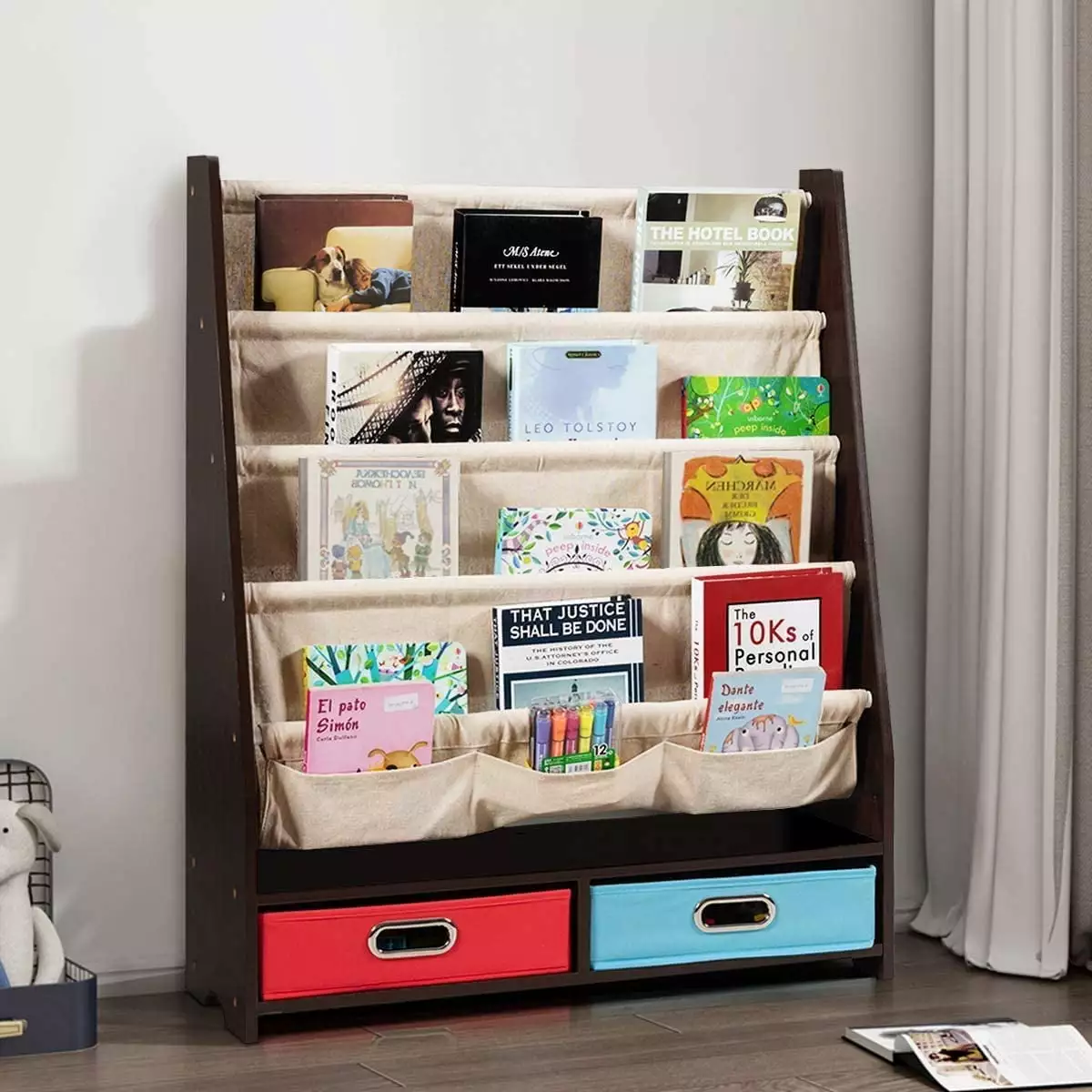 Kids Bookshelf Wooden 4 Sling Book Shelves 2 Pull-Out Toy Storage Boxes Classroom Bedroom Espresso ZJ