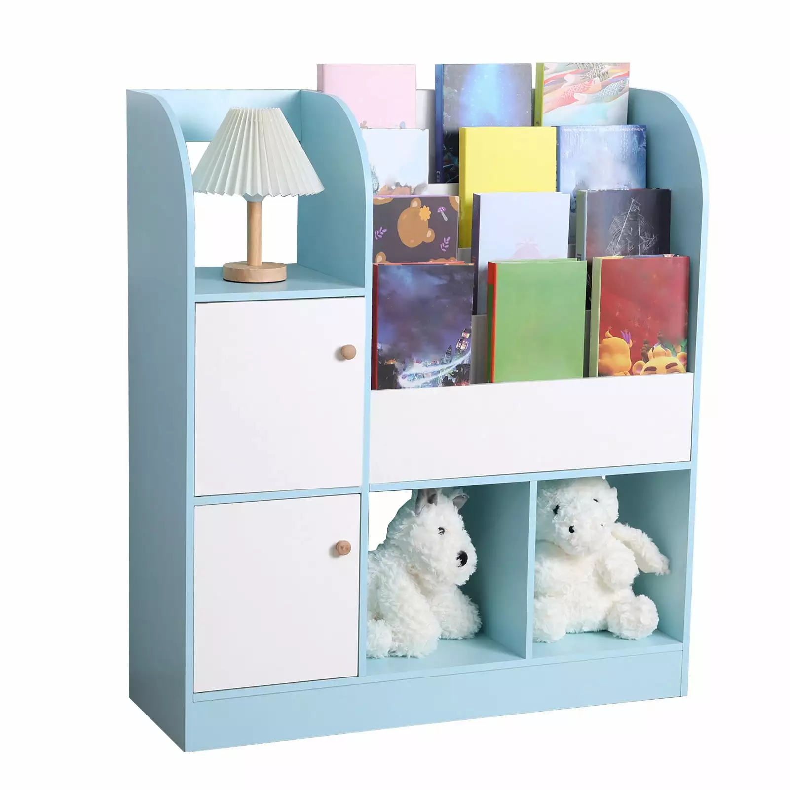 AQSQ Kids Bookshelf Multifunctional Bookcase 4-Tiers Book Slots 3 Open Shelves and 2 Drawers Blue