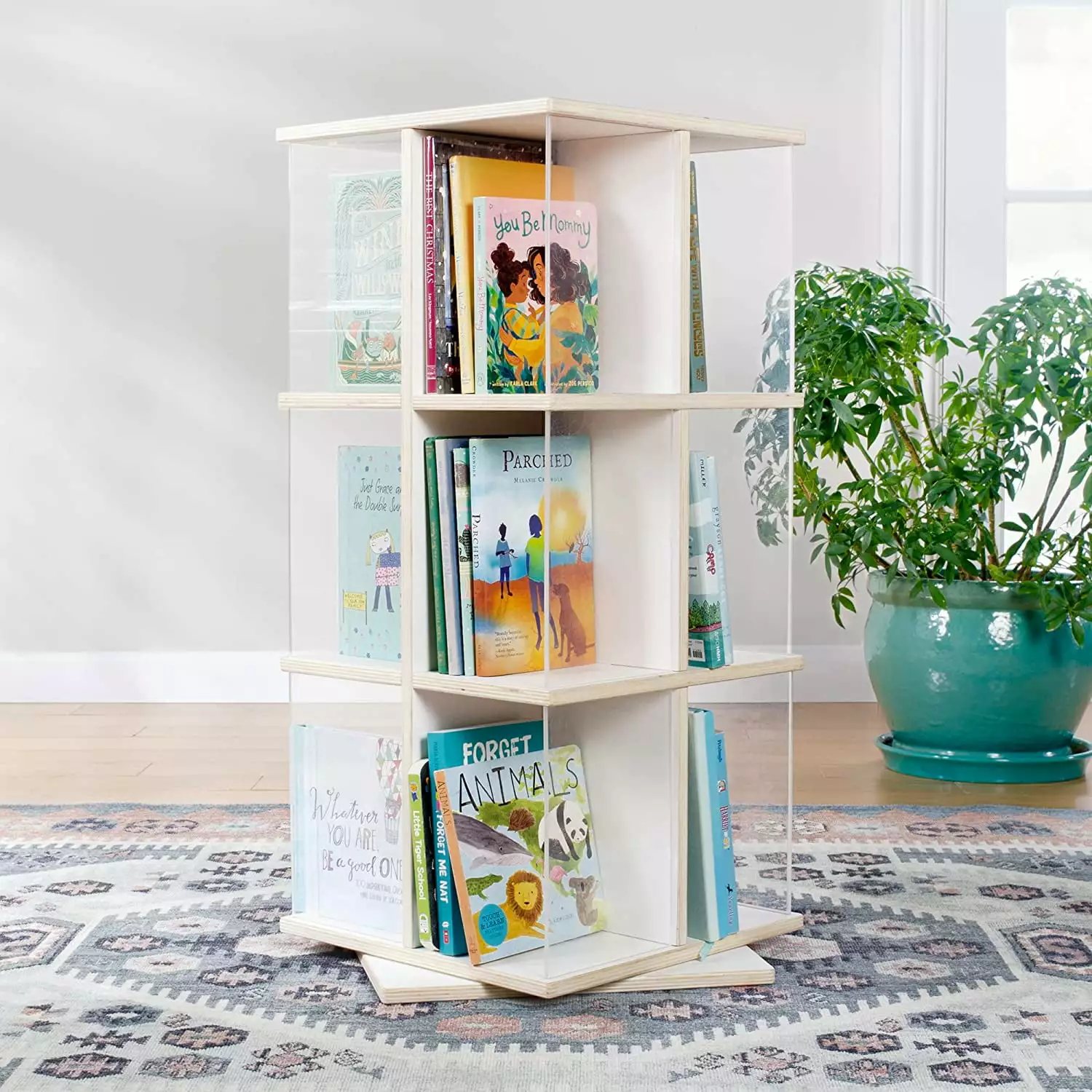 BIZFURN EdQ Rotating Book Display White Spinning Plywood Storage Bookshelf Acrylic Windows Kids Classroom Playroom