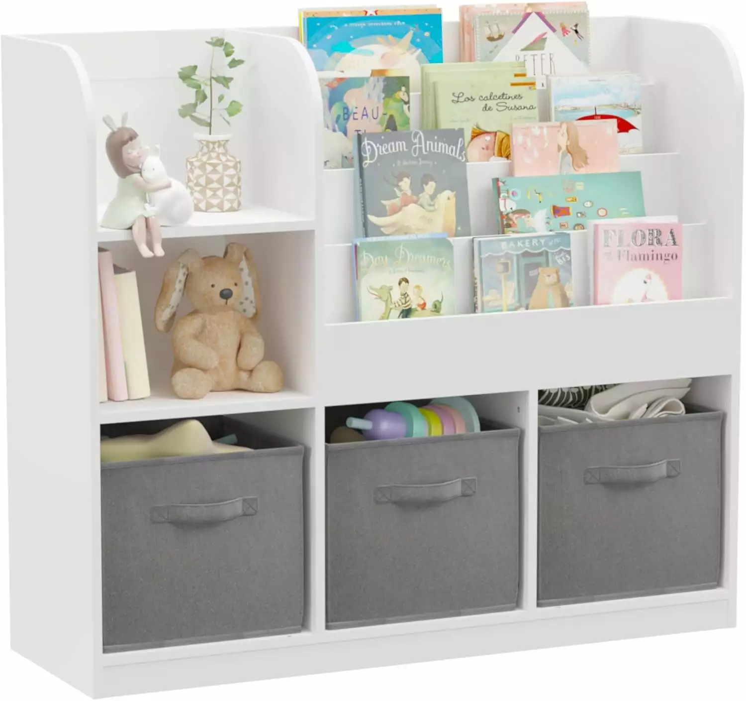 Kids Bookcase and Bookshelf Toy Organizer Shelves 3 Collapsible Fabric Drawers Multi-layer Bookshelf Nursery Bedroom Playr...