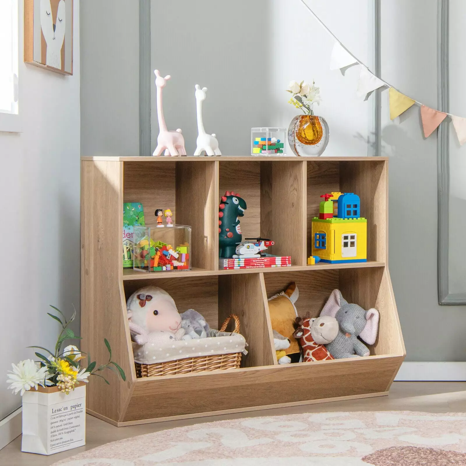Exdeerjoy 5-Cubby Kids Toy Storage Organizer Wooden Children Bookcase Footboard Natural