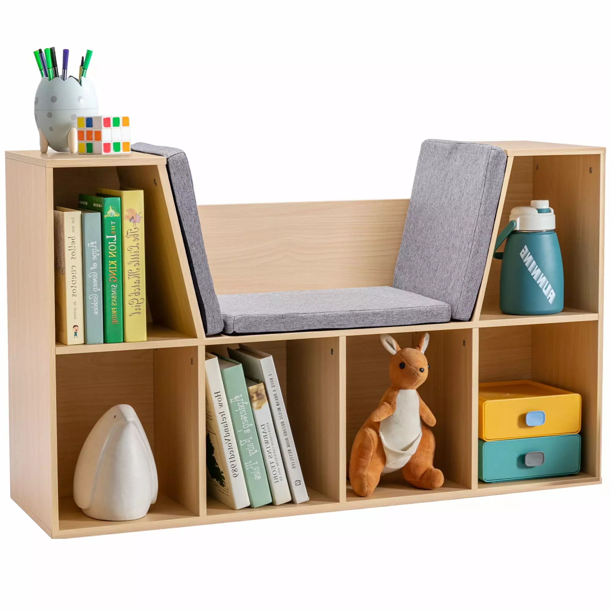 GeeHome 6-Cubby Kids Bookcase Reading Nook and Cushion Multi-Purpose Storage Organizer Bedroom Living Room Natural
