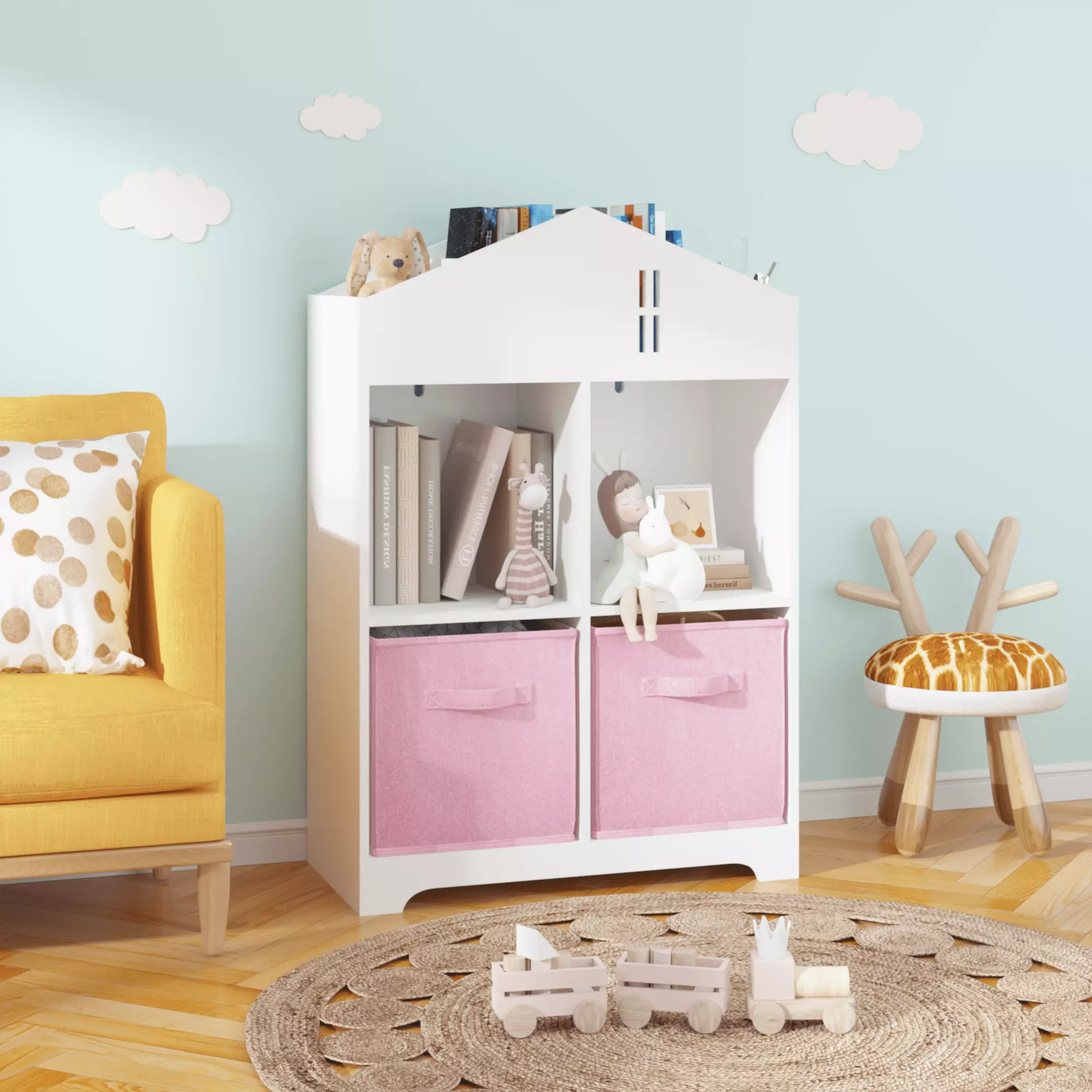 GeeHome Kids Dollhouse Bookcase Storage 2-Tier Organizer Fabric Drawers Bedroom Playroom