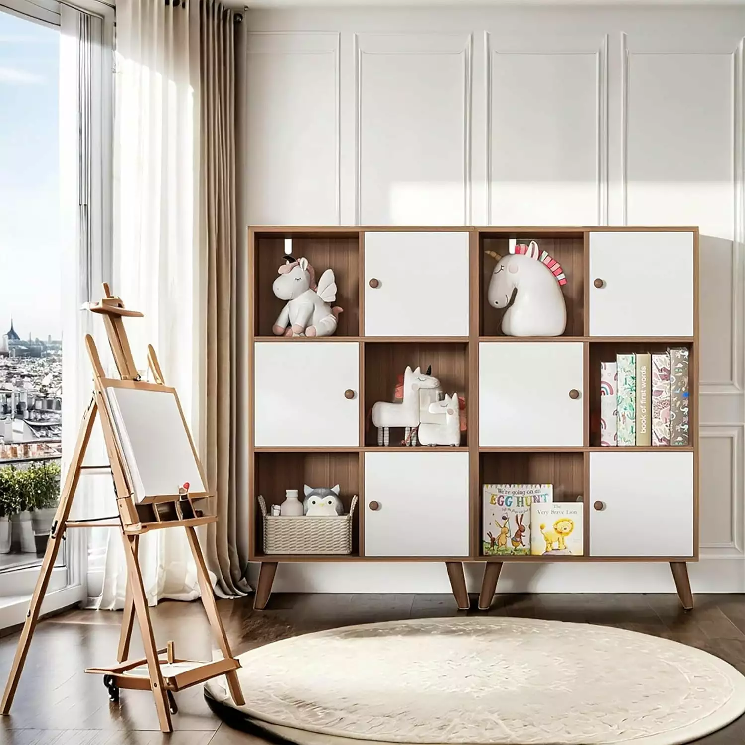 Brown and White 6 Cube Storage Organizer - Set 2 Wooden Cubby Display Kids Bookcase Doors - 3-Tier Kids Bookshelf General