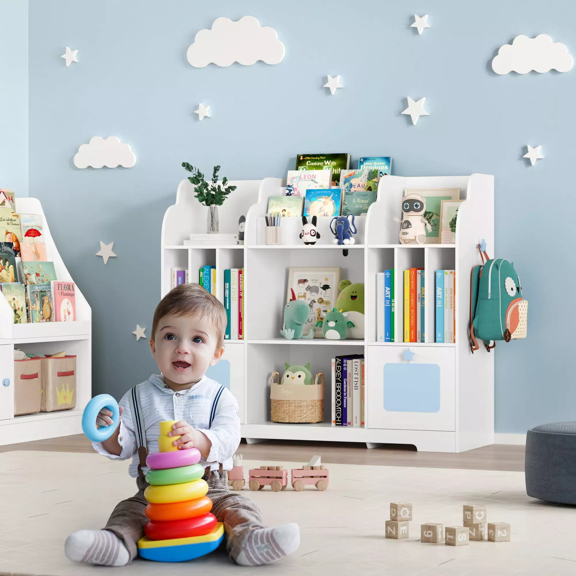 Homfa Kids Bookshelf 2 Movable Drawers 7-Cube Bookcase Hooks Toy Storage Organizer White