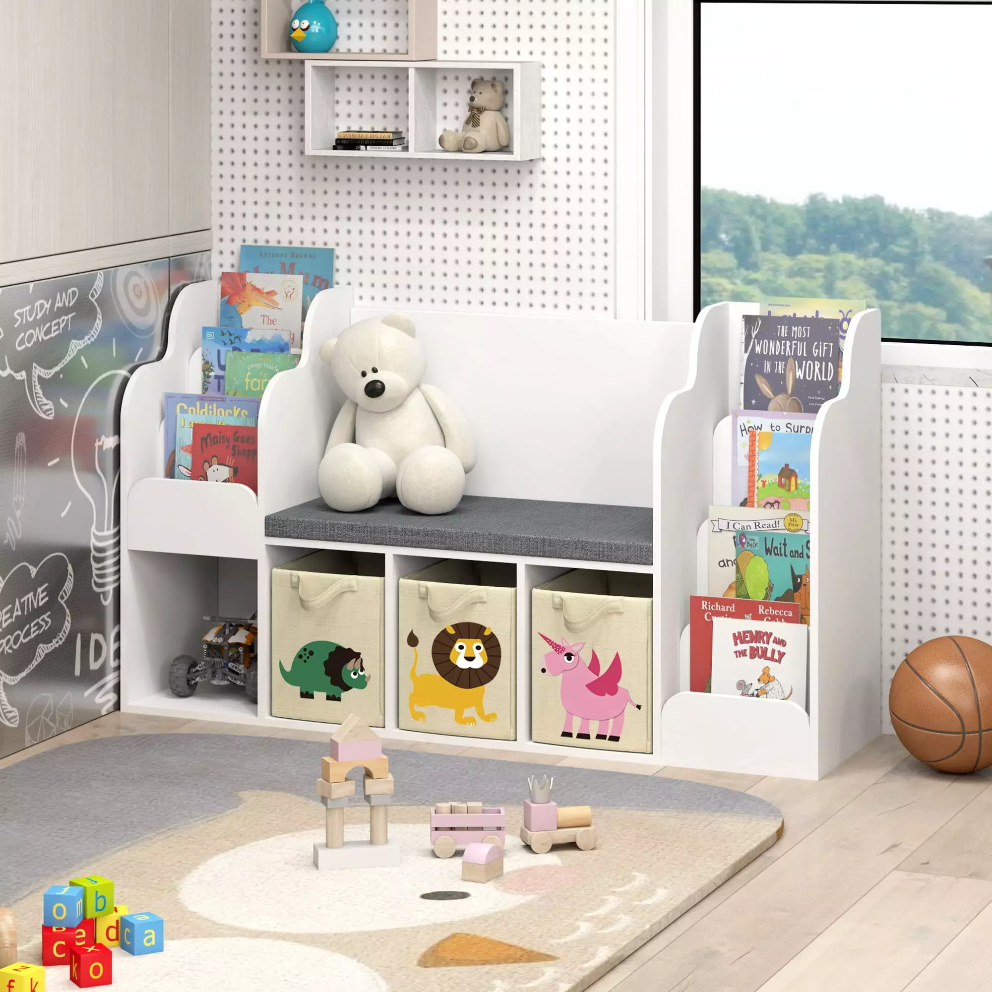 Jiansu Furni Kids Bookshelf Reading Nook - Abundant Storage Space Modern Style Playroom Bedroom Living Room