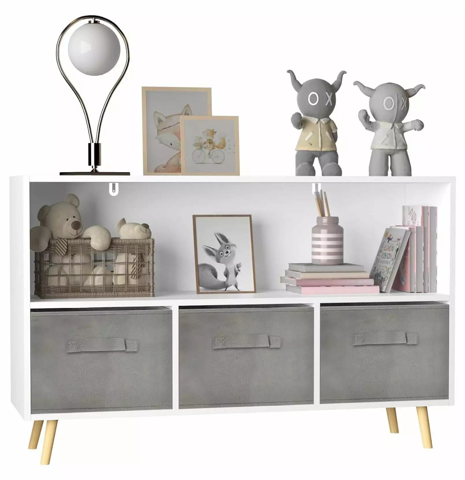 Kids Bookshelf Toy Storage Organizer - Bookcase 3 Collapsible Fabric Drawers and Wooden Legs - Storage Cabinet Nursery Sch...
