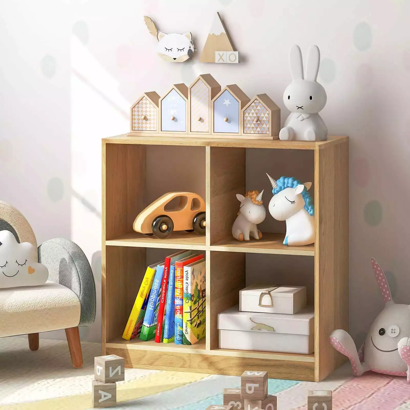 Laicejoy Kids Toy Storage Organizer 4-Cube Wooden Bookcase Anti-Toppling Device