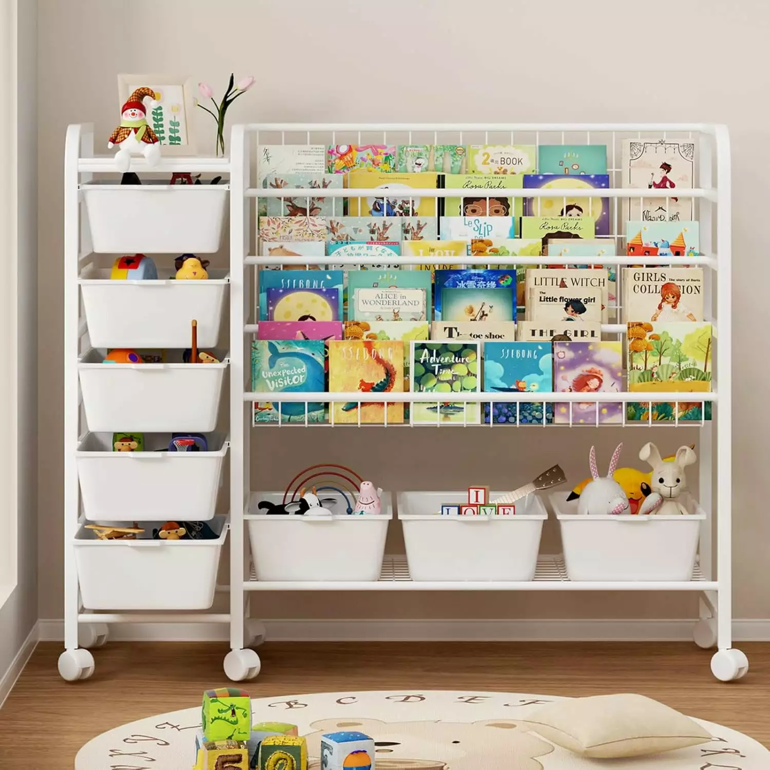 Kids Bookshelf Toy Storage Organizer 4-Tier Metal Book Rack 8 Bins 2--1 Toy and Book Organizer Wheels OLizee