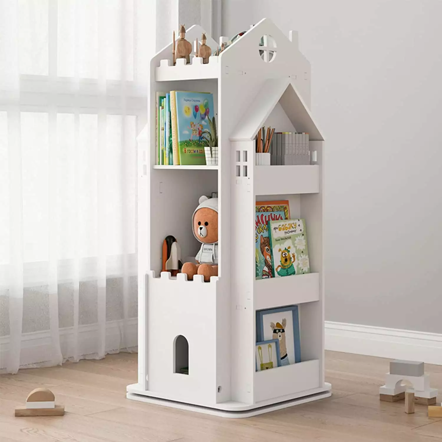 360 Degree Children Bookshelf - Multi-Functional Floor Standing Book Storage Rack Organizer Kids Room - White 45x45x108cm ...