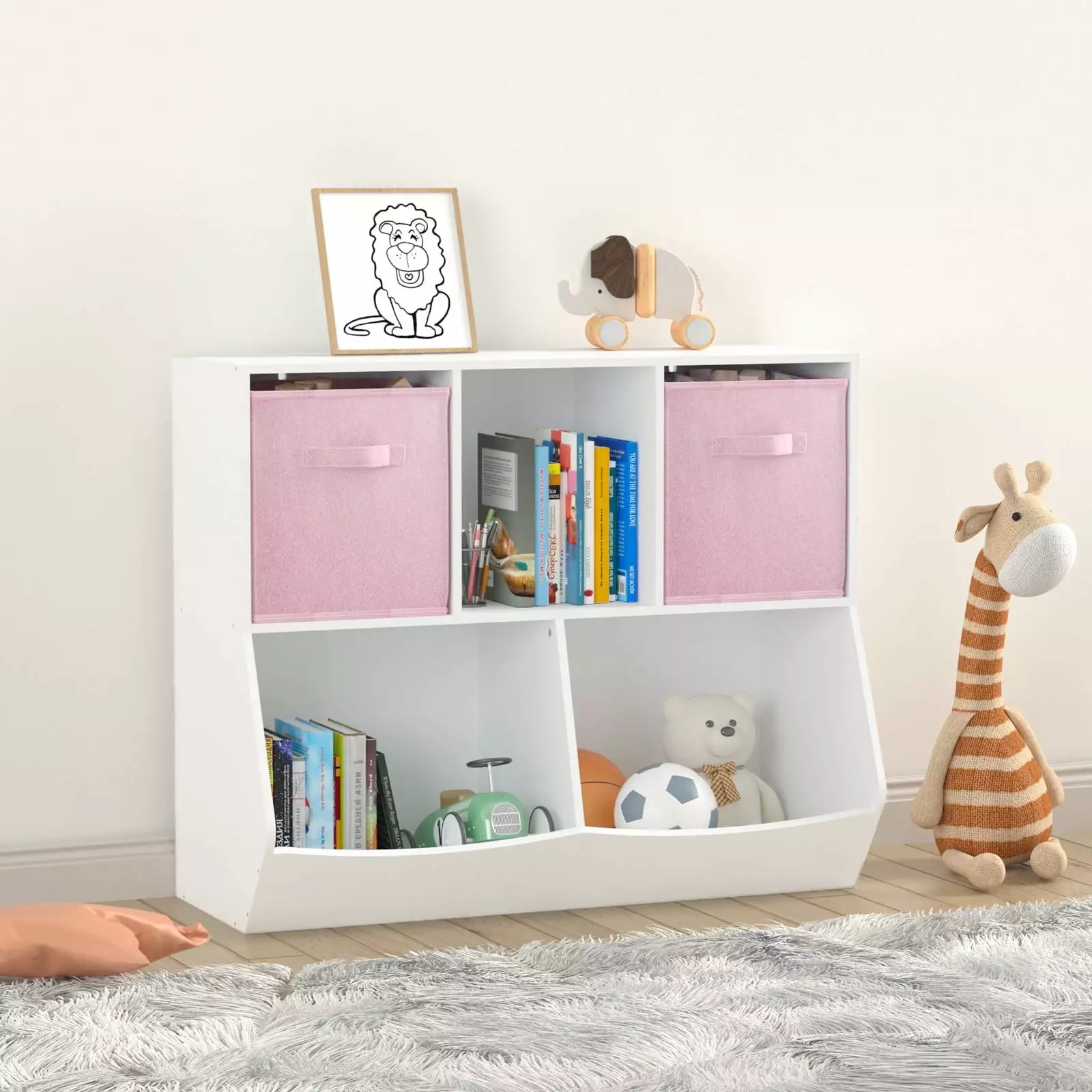 Taktack Kids Bookcase Collapsible Fabric Drawers Children's Toy Storage Cabinet Playroom Bedroom Nursery School White Pink