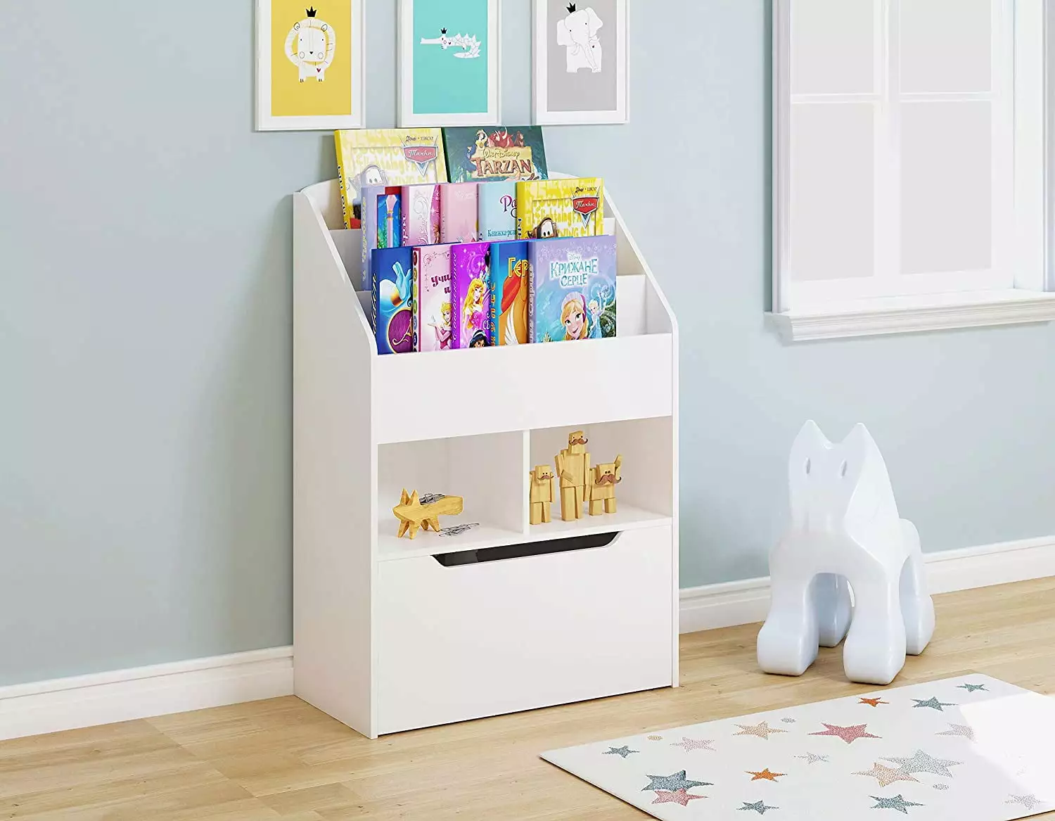 UTEX Kids Bookshelf and Toy Storage Organizer Rolling Toy Box White