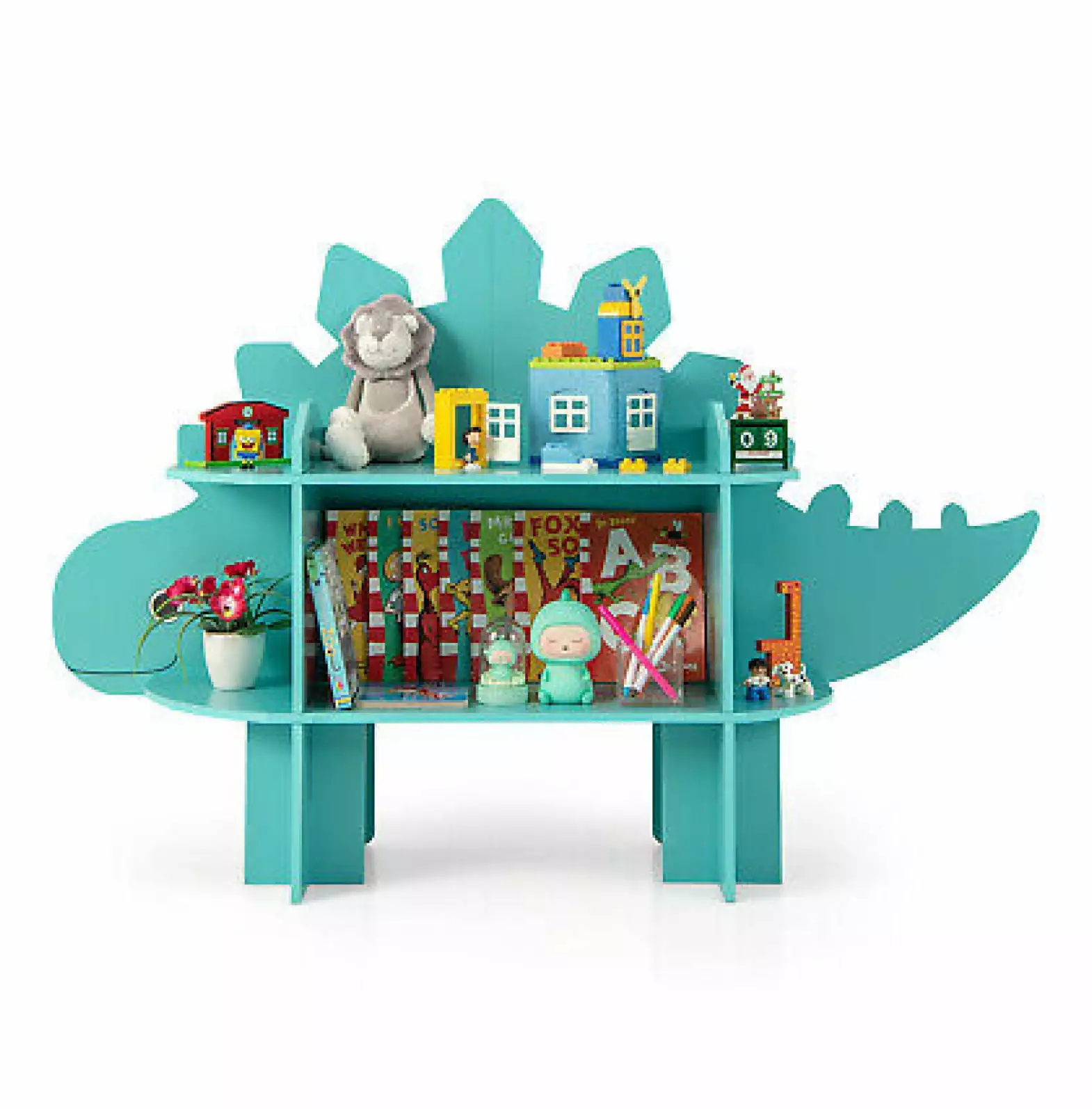 WANCQ Dinosaur Bookcase Kids 2-Tier Toy Storage Organizer Open Storage Shelves