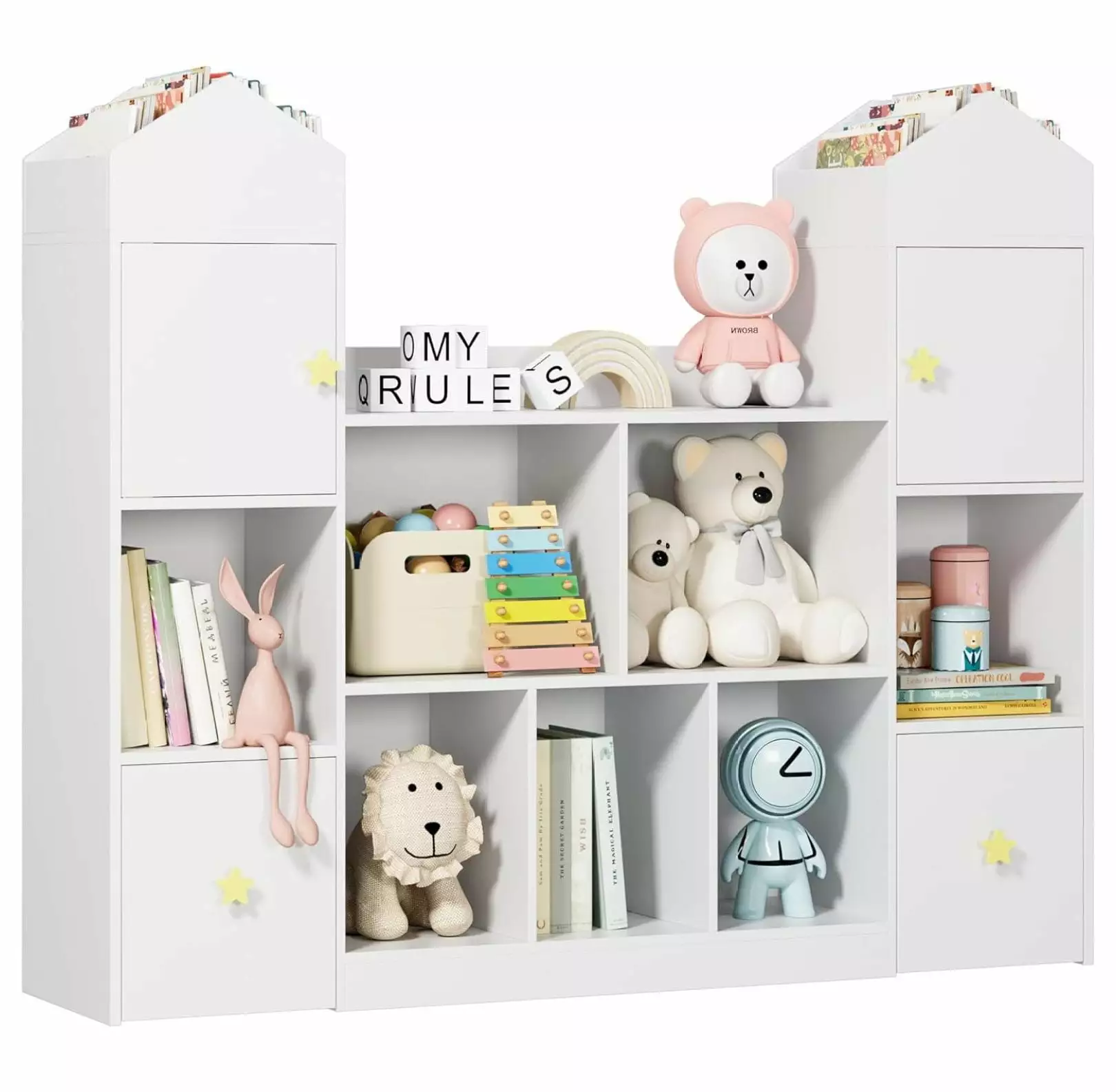54.5 Inch Toy Storage Organizer 9 Cubbies and 2 Drawers Kids Bookshelf Hidden Wheels YuraZH