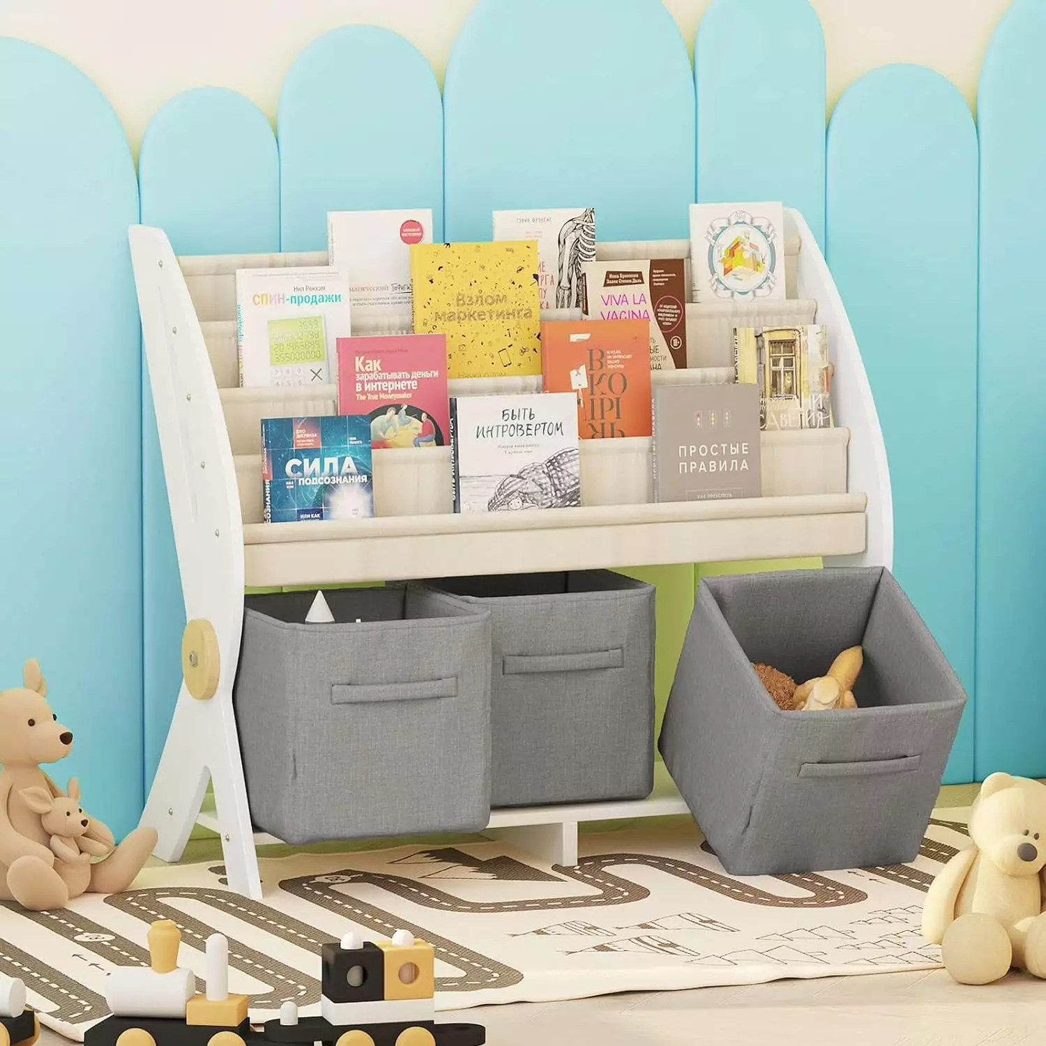Kids Bookshelf Small 4 Sling Wood Book Rack Kids Room Bookcase Display Stand 3 Toy Storage Organizer Cube Bins ZHIBING