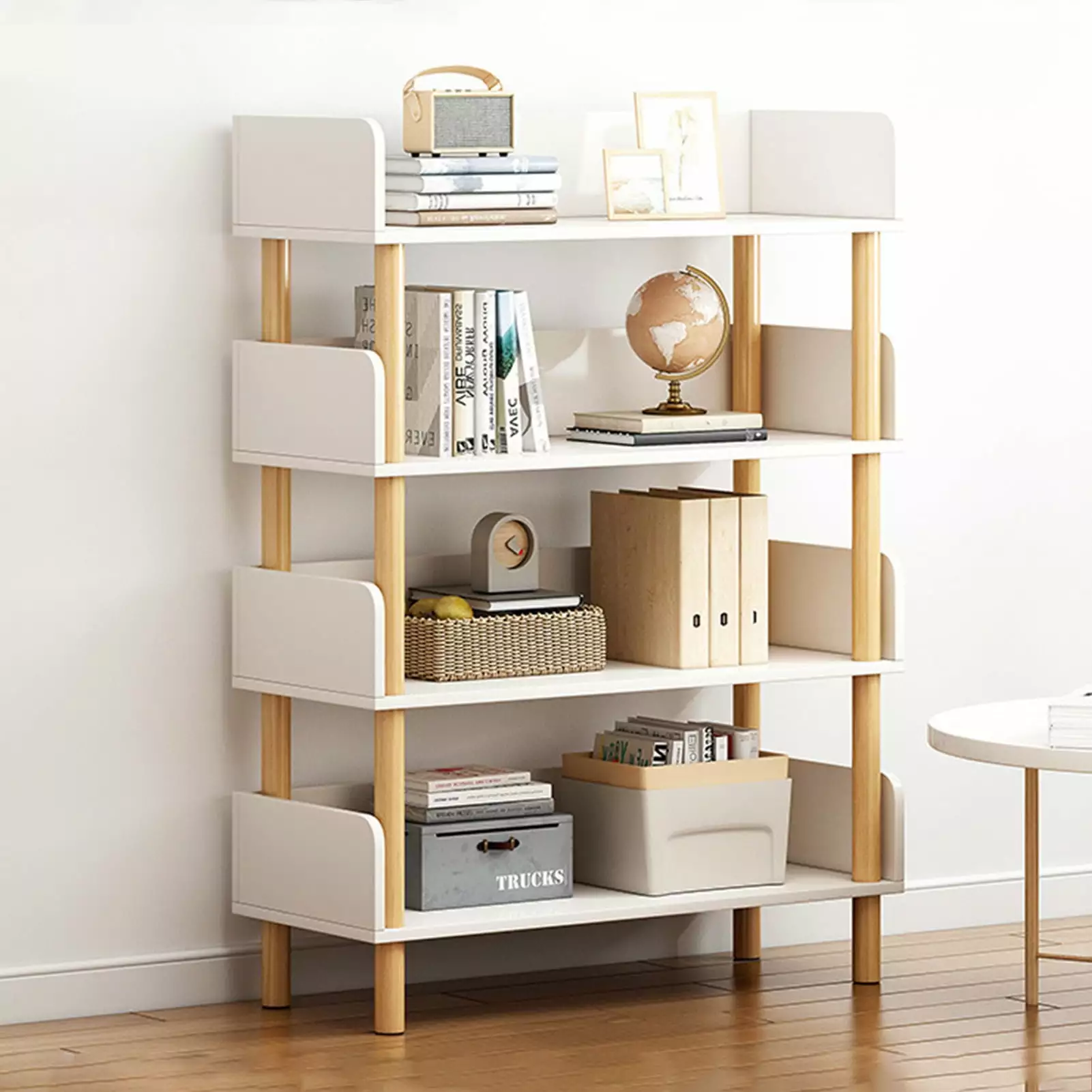 AQSQ 4-Tier Wooden Open Bookcase Freestanding Kids Book Storage Stand Multi-Layer Display Shelf Home Office