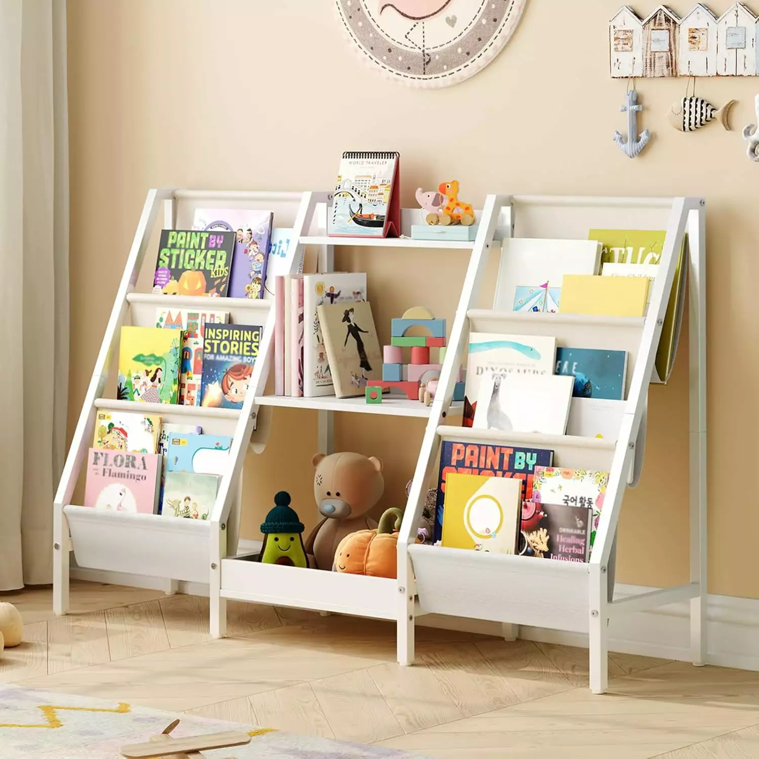 3-Tier Kids Bookcase and Toy Organizer Sling Bookshelf Playroom Bedroom Nursery White BKWT34201 B&B Charcoal