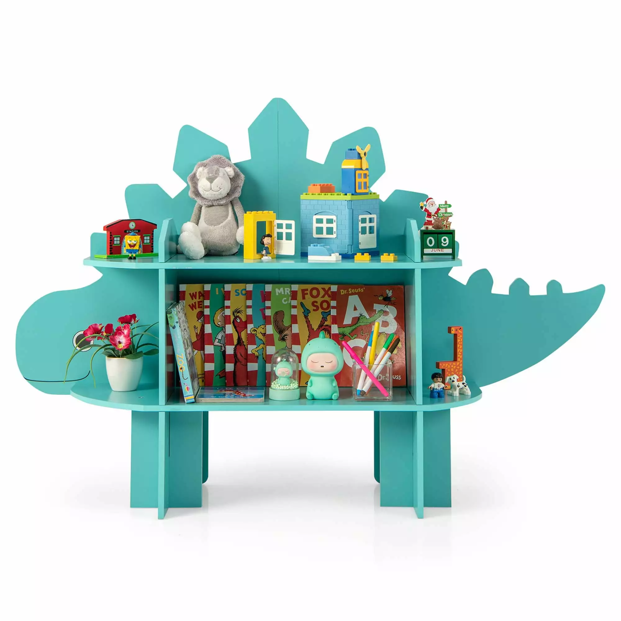 Costway Dinosaur Bookcase Kids 2-Tier Toy Storage Organizer Open Storage Shelves