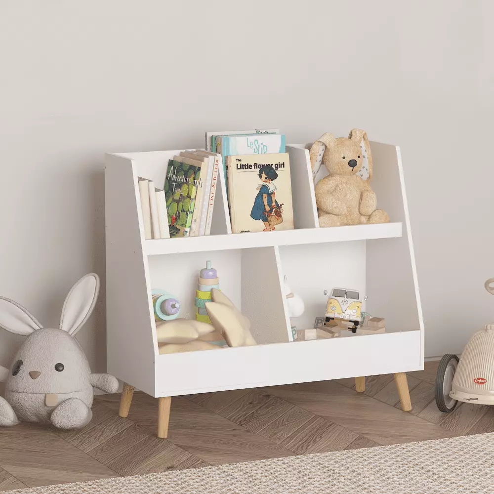Kids Bookshelf and Toy Organizer 5 Cubbies Wooden Open Bookcase 2-Tier Baby Storage Display Organizer Legs Free Standing P...