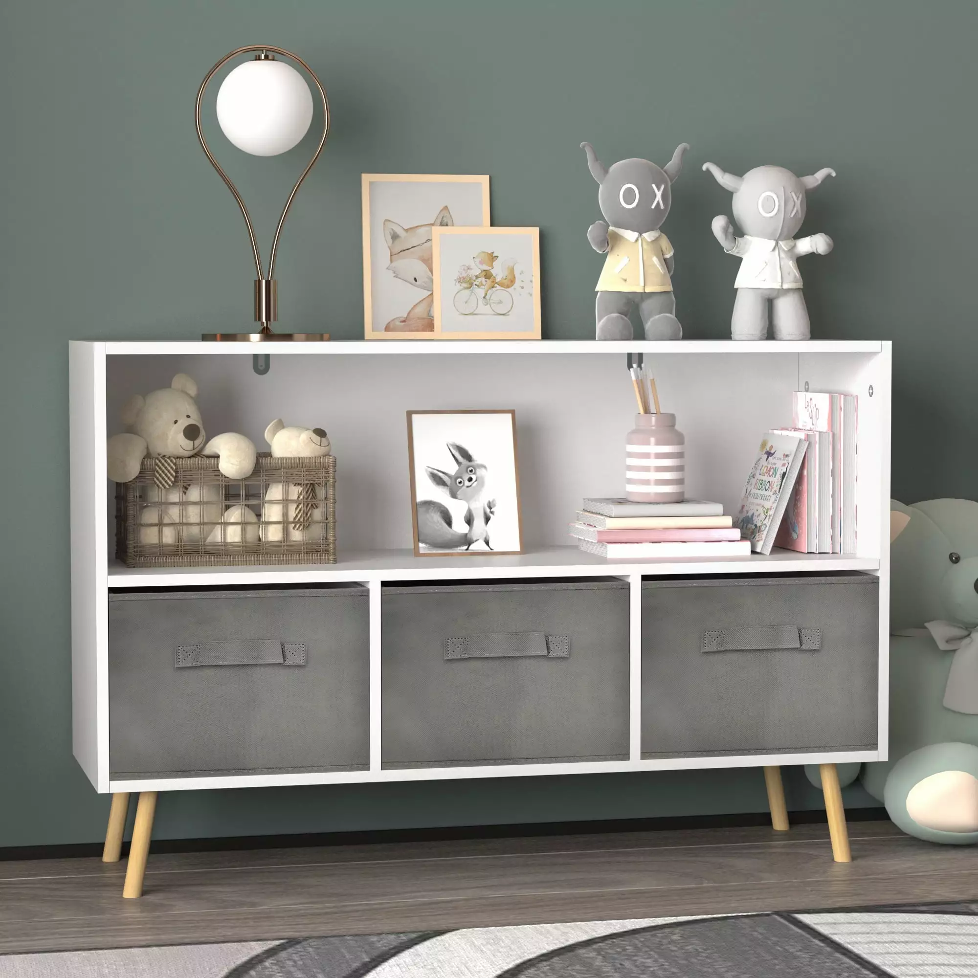 ikayaa Kids Bookcase Collapsible Fabric Drawers Children's Book Display Toy Storage Cabinet Organizer White