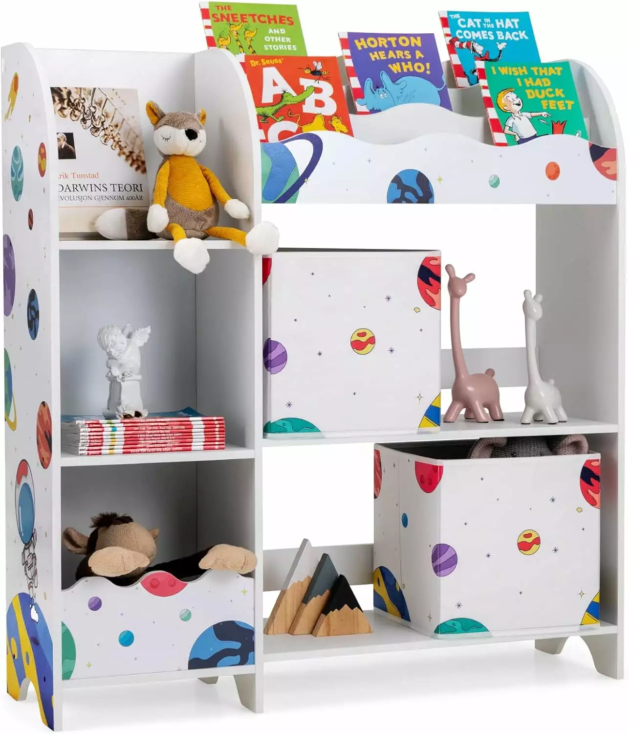 Wooden Storage Display Cabinet Bookshelf 5 Open Shelves 2 Storage Boxes and 3 Slots Kids Storage Unit Playroom Classroom L...