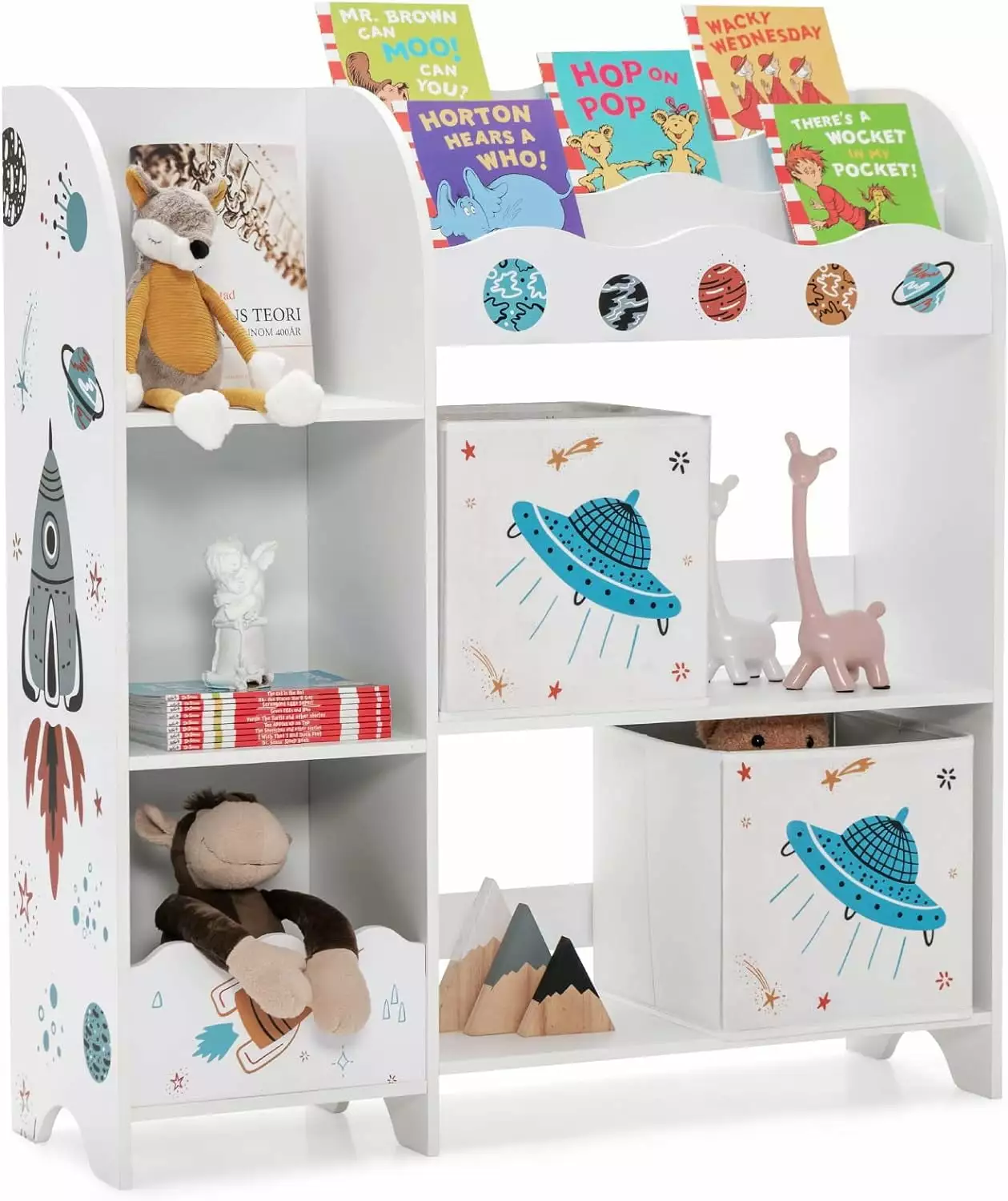 Wooden Storage Display Cabinet Bookshelf 5 Open Shelves 2 Storage Boxes and 3 Slots Kids Storage Unit Playroom Classroom L...