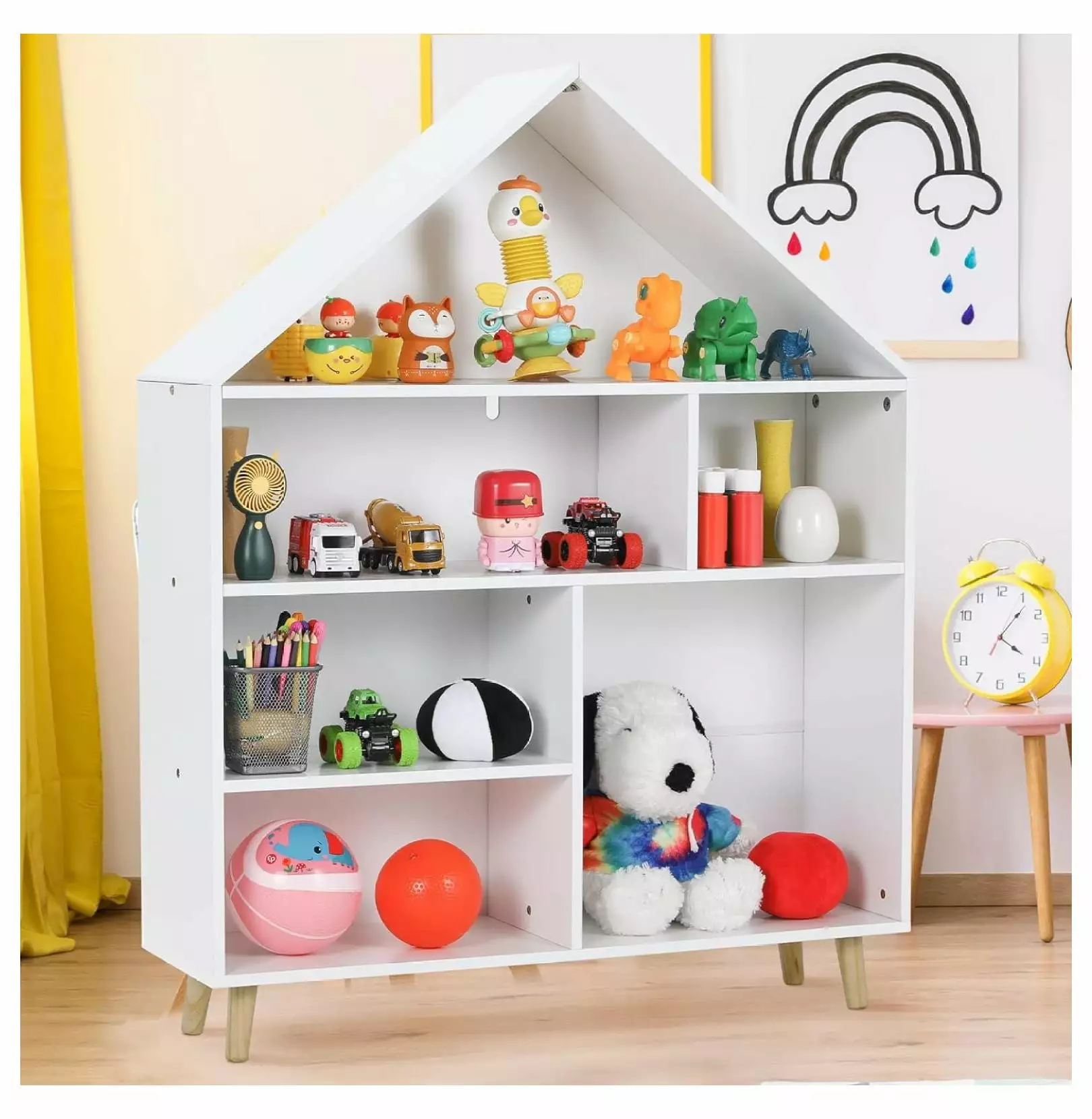 Wooden Dollhouse Bookcase 6-Section Toddler Toy Storage Cabinet Freestanding 4-Tier Display Book Shelves Playroom Bedroom ...
