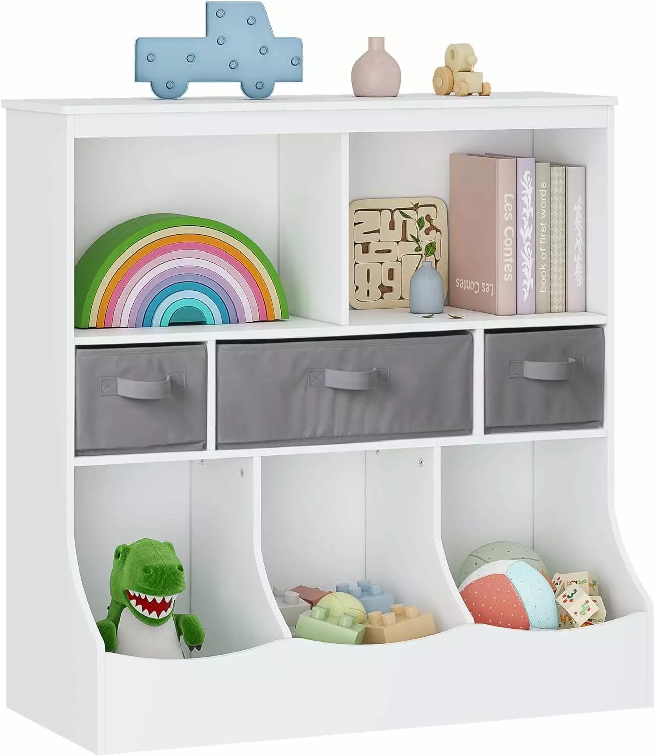 UTEX Toy Storage Organizer Bookcase 8 Compartments and 3 Baskets Multi Shelf Cubby Books Toys White