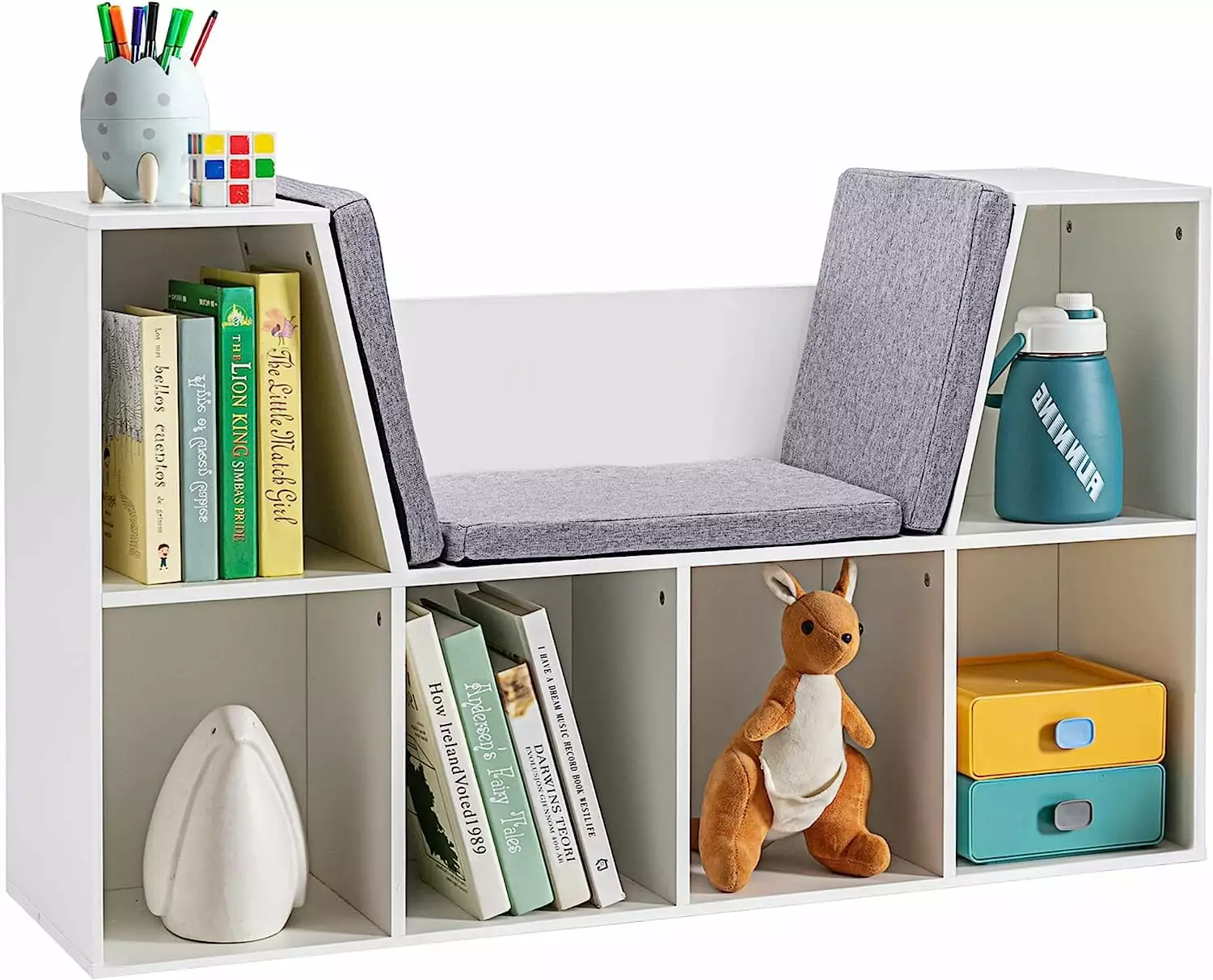 6-Cubby Kids Bookcase Reading Nook and Cushion Multi-Purpose Storage Organizer Bedroom Living Room Pure White YoJoFHM