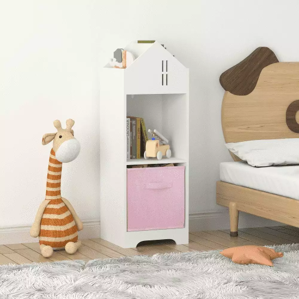 2-Tier Kids Dollhouse Bookcase Storage and Collapsible Fabric Drawers White Pink HAFUTUIS