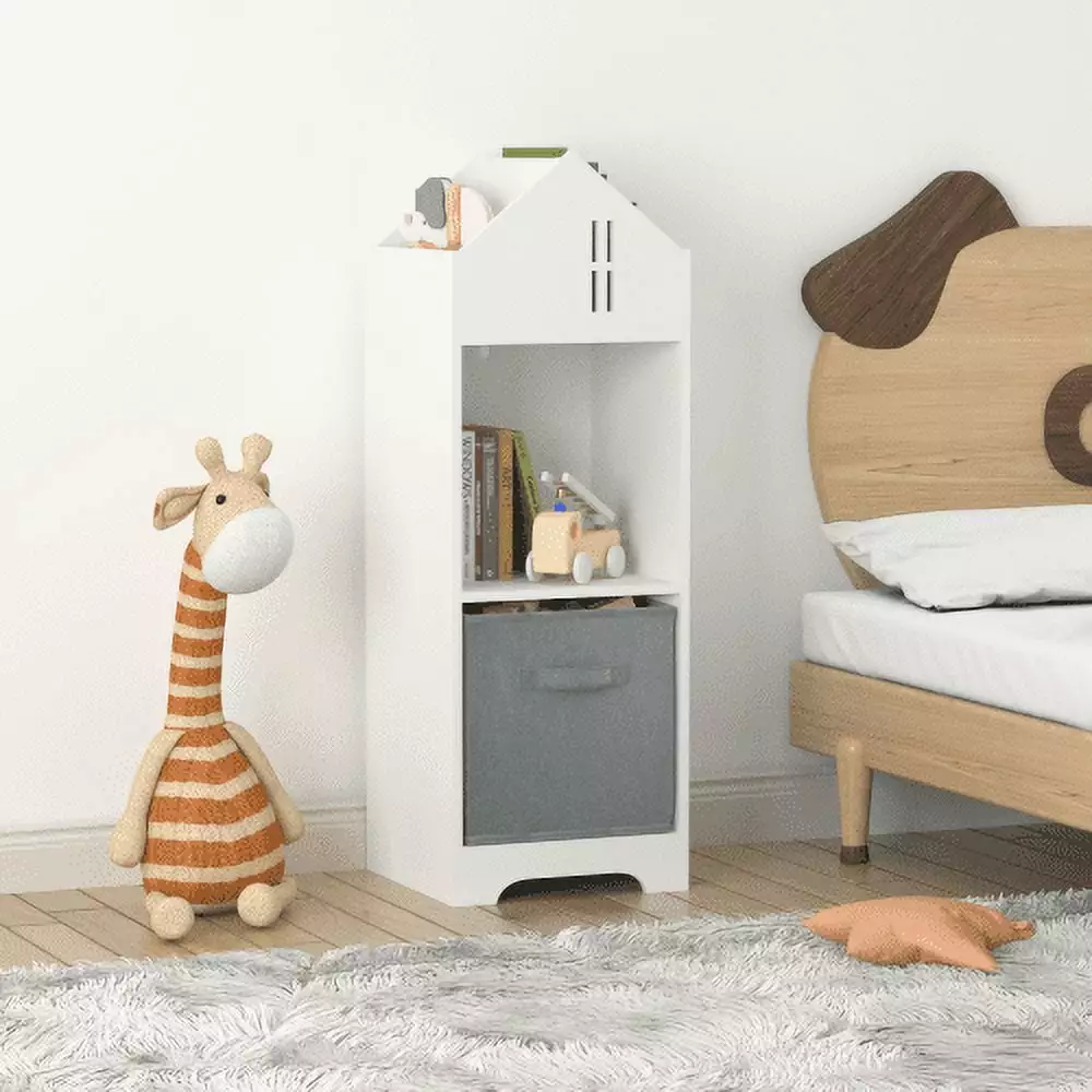 2-Tier Kids Dollhouse Bookcase Storage and Collapsible Fabric Drawers White Gray HAFUTUIS
