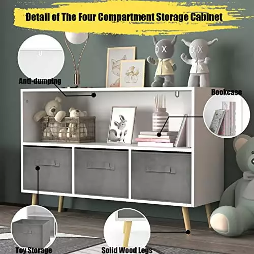 Kids Bookcase 3 Collapsible Fabric Drawers and Wooden Legs Toy Storage Organizer TeviRoom
