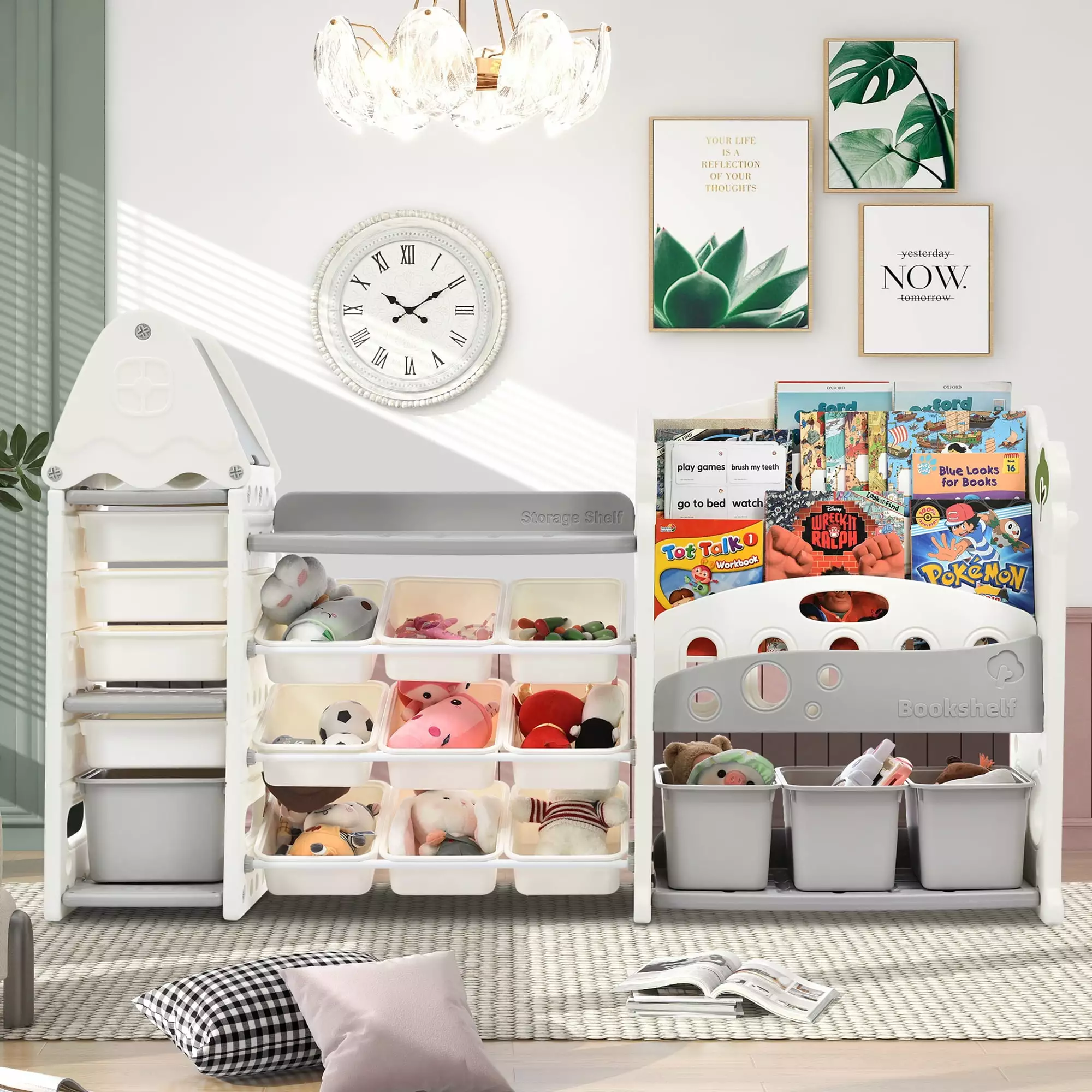 DeeHome Kids Bookshelf Toy Storage Organizer 17 Bins and 5 Bookshelves Nursery