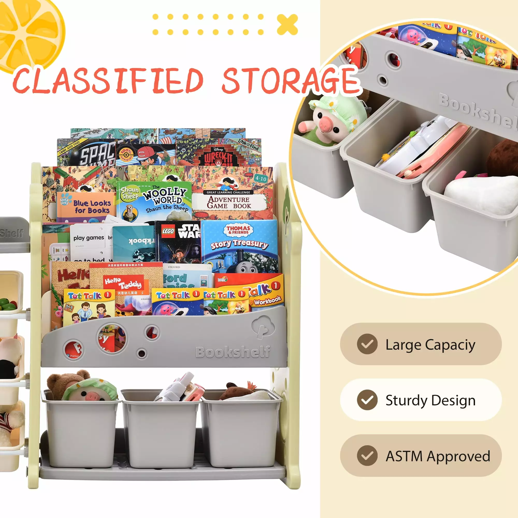 Kids Bookshelf Toy Storage Organizer 17 Bins and 5 Bookshelves Children's Furniture Set Fencia