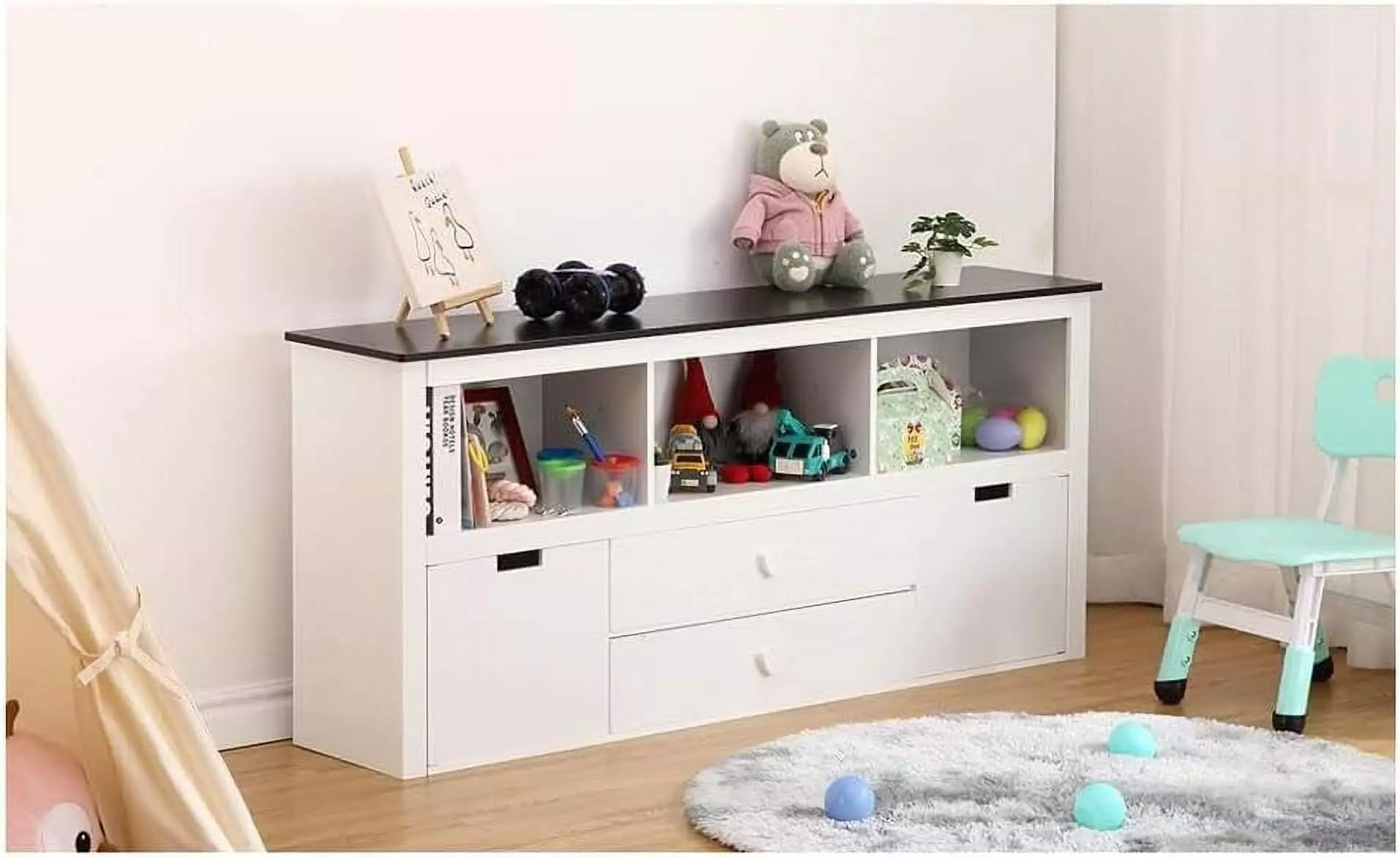 Kids Toy Storage Organizer 2 Drawers Bookshelf Toy Organizer Bins Wooden Bookcase WhizMax