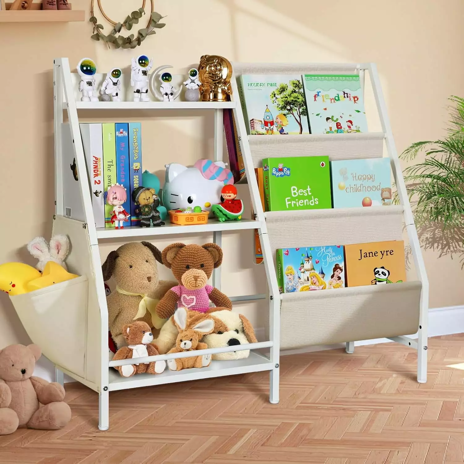 3-Tier Kids White Bookshelf Toy Storage and Display - Montessori Toddler Bookcase Holds 100 Books - Children Book Organize...