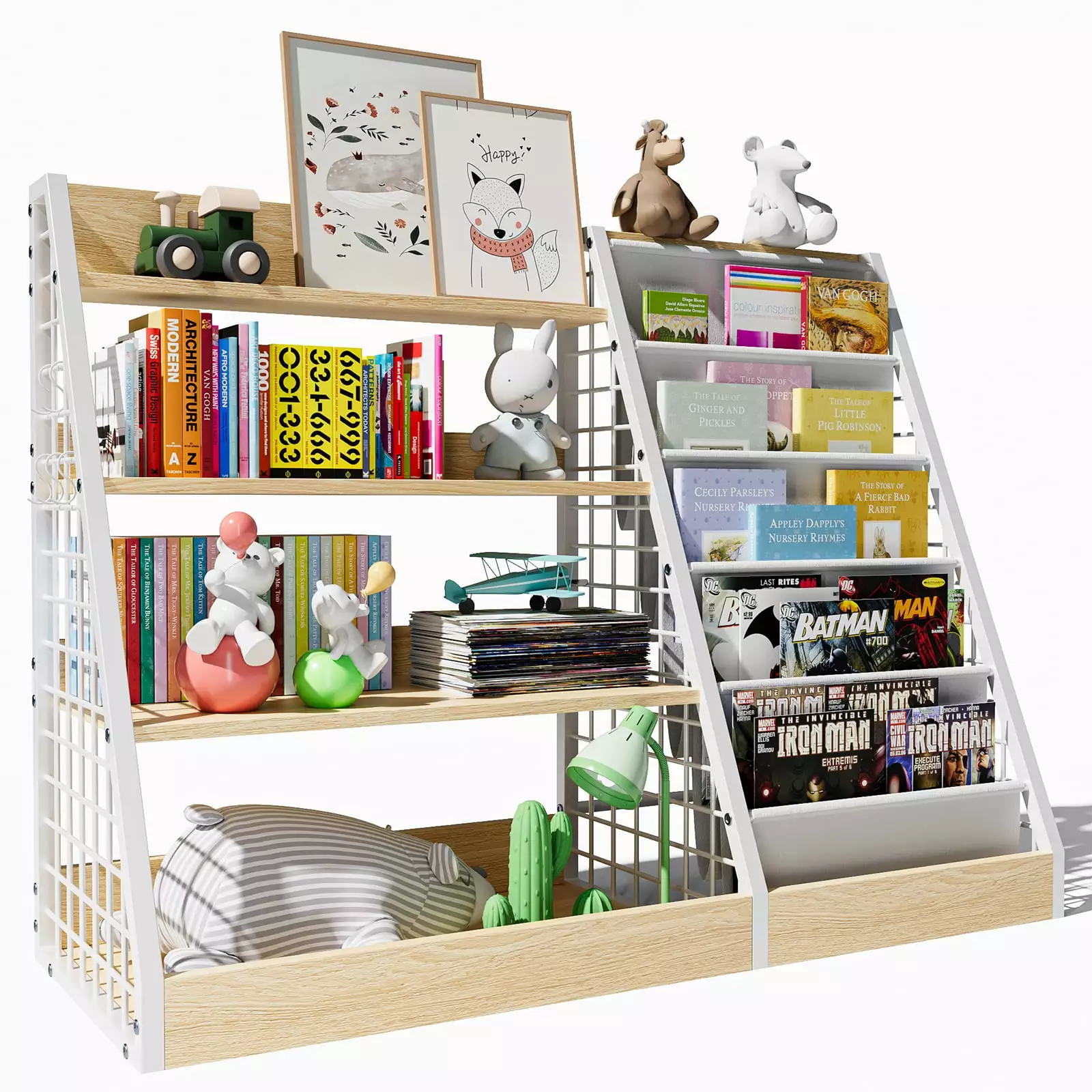 4 Tier Wooden Bookshelf 5 Layer Sling Children Bookcase Toy Organizer Cabinet Chest Nursery Playroom Classroom Library Ald...