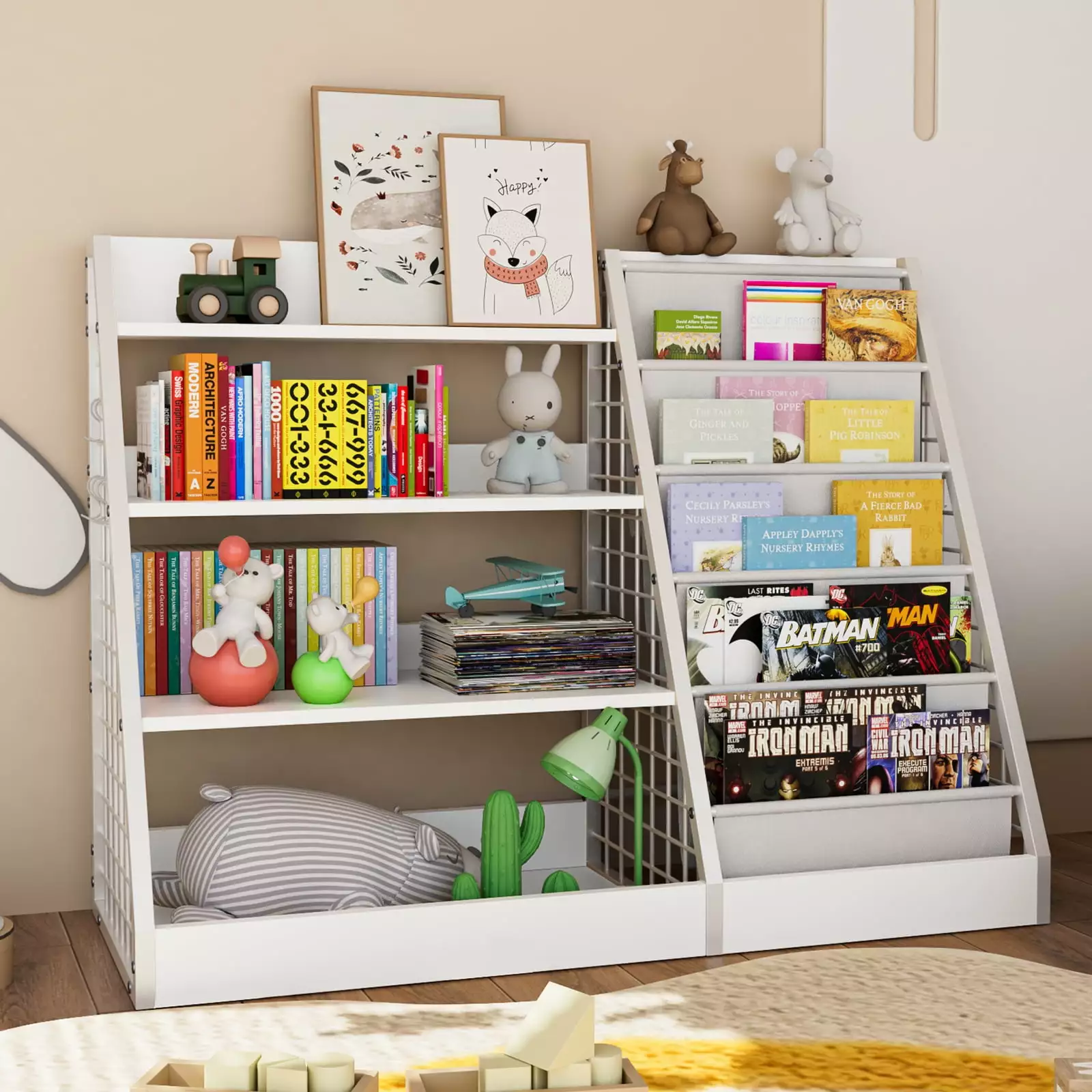 4 Tier Wooden Bookshelf 5 Layer Sling Children Bookcase Toy Organizer Cabinet Chest Nursery Playroom Classroom Library Ald...