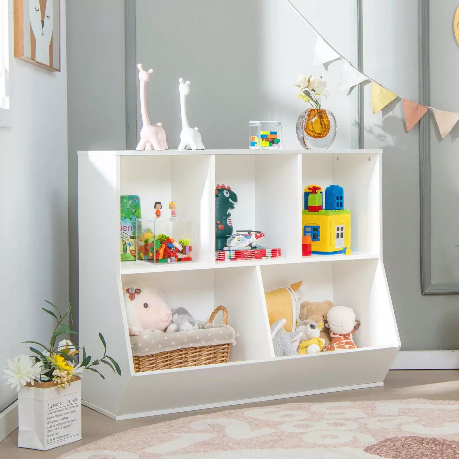 Adrinfly Kids Bookcase Collapsible Fabric Drawers Children's Book Display and Toy Storage Cabinet Organizer White and Gray...