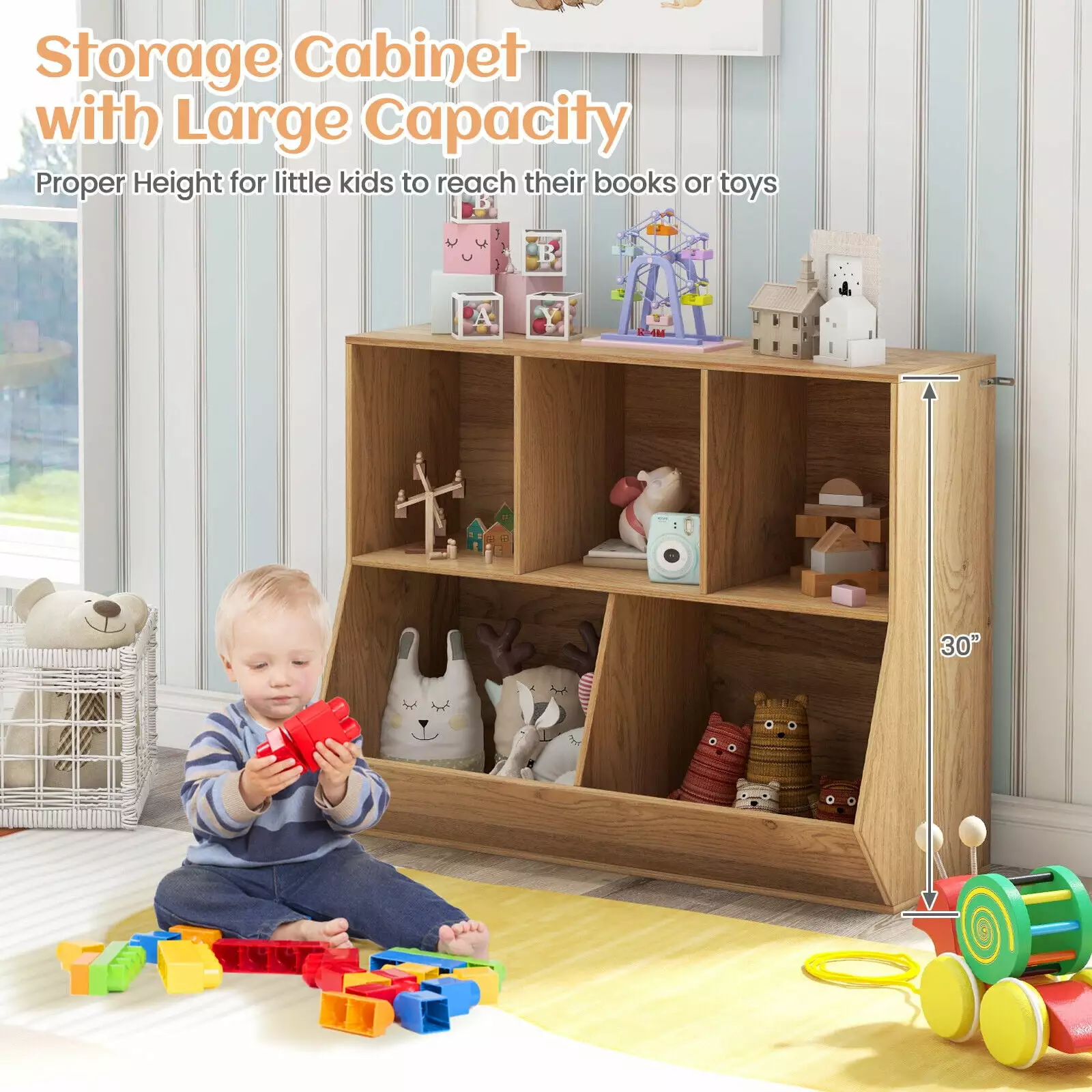 Amijoy 5-Cubby Kids Toy Storage Organizer Wooden Bookcase Footboard and Anti-Tipping Kits