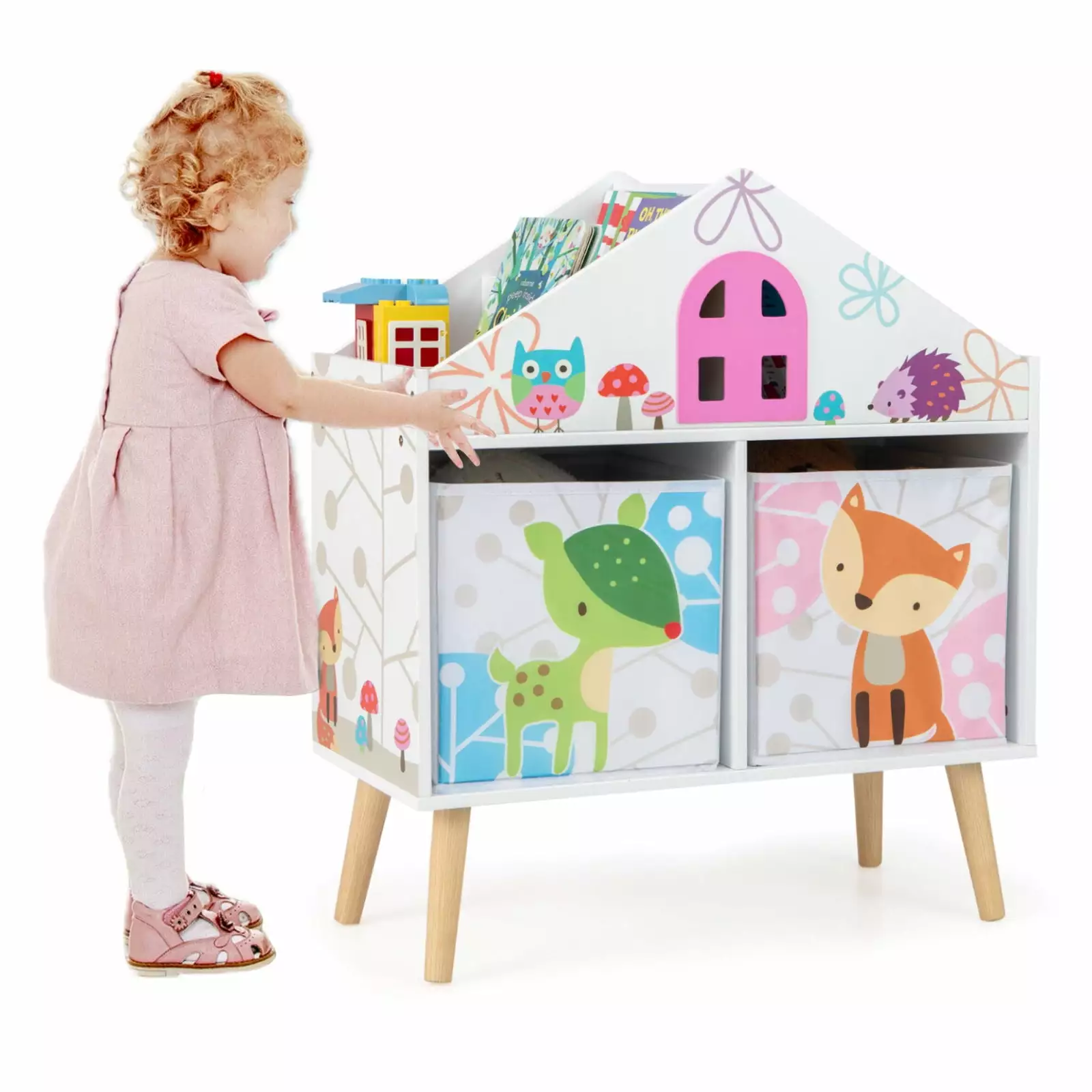 Amijoy Kids Dollhouse Bookshelf - Toy Storage Organizer 2 Fabric Drawers